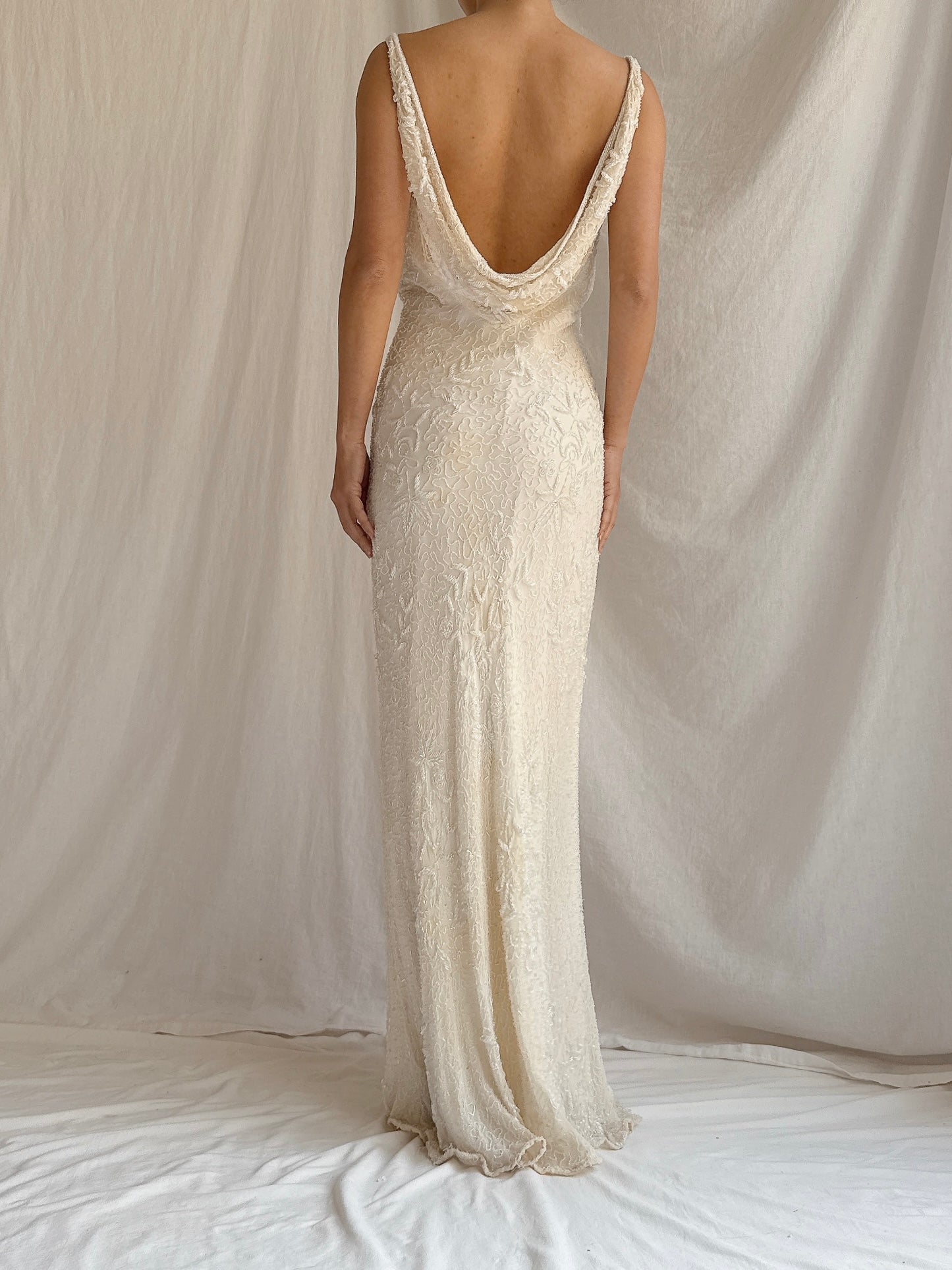 Vintage Ivory Silk Beaded Gown - S