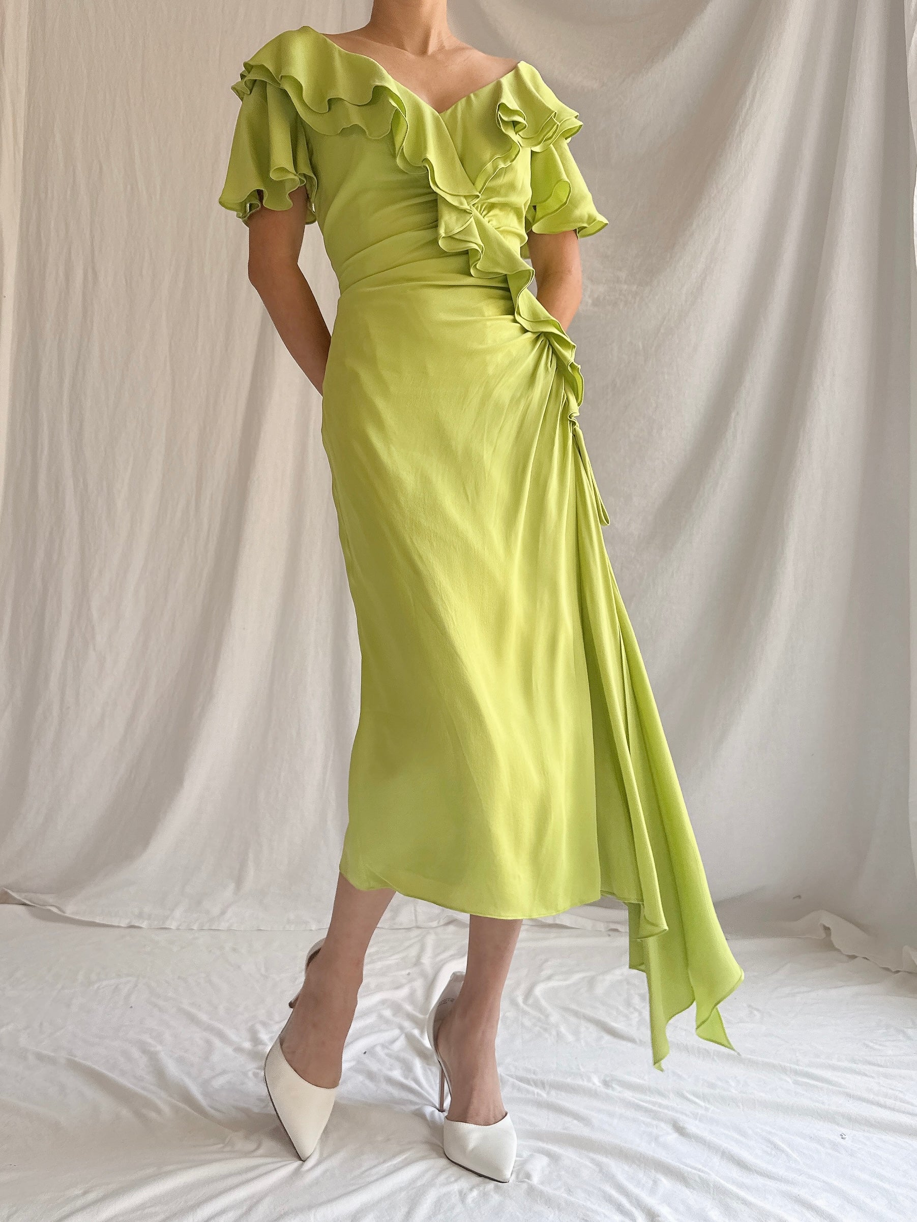 Vintage Chartreuse Belleville Sassoon  Silk Draped Dress - S