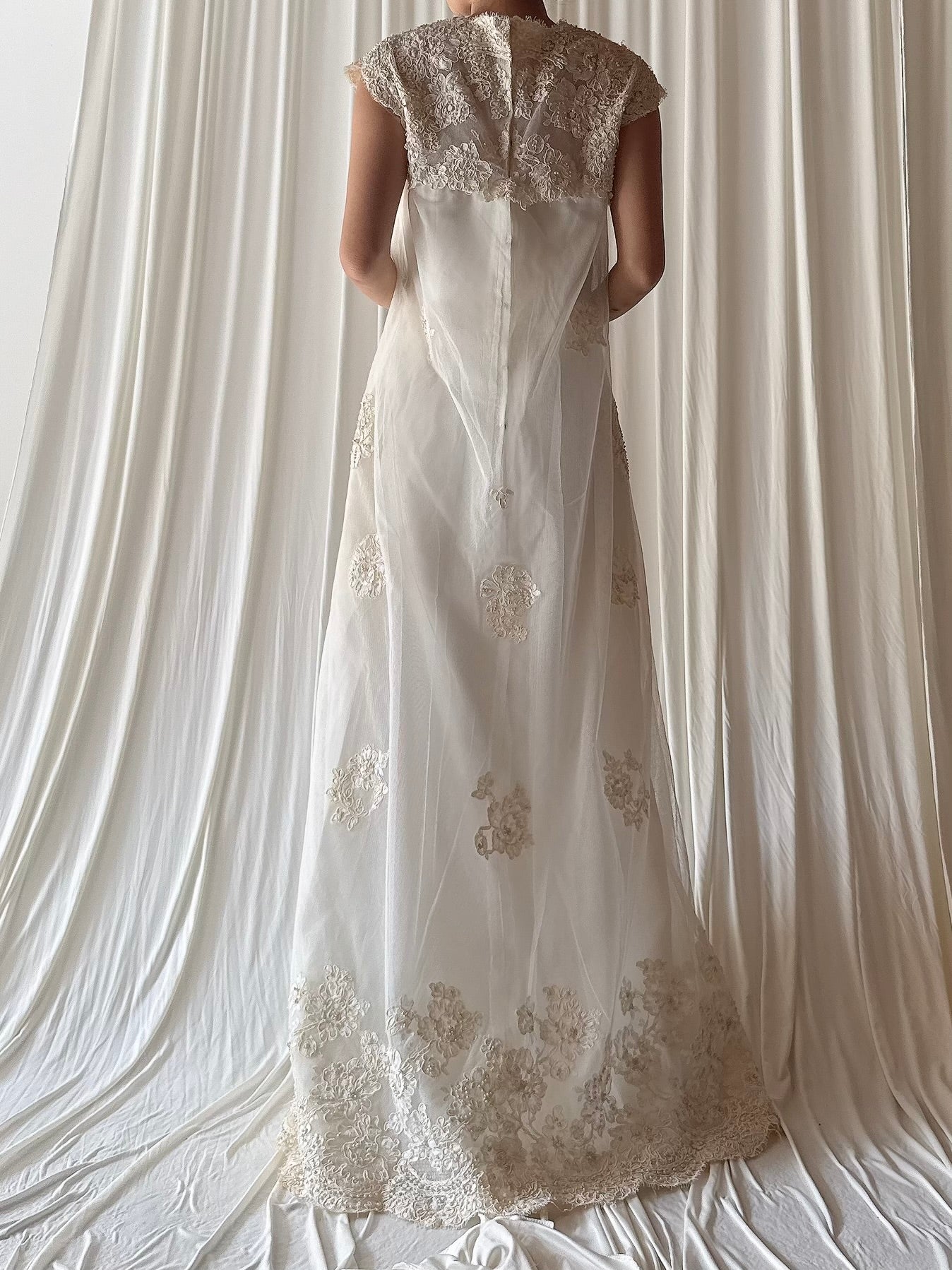 1960s Tulle Lace Beaded Gown - S