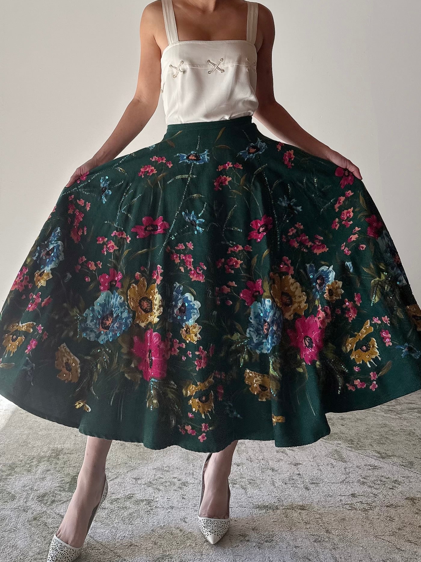 Vintage Monica Velvet Beaded Floral Skirt - M