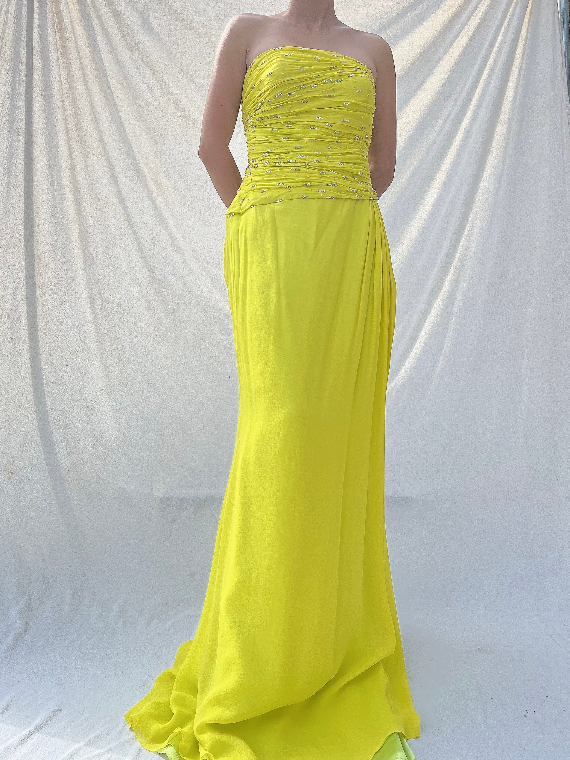 Vintage Chartreuse Silk Gown - M