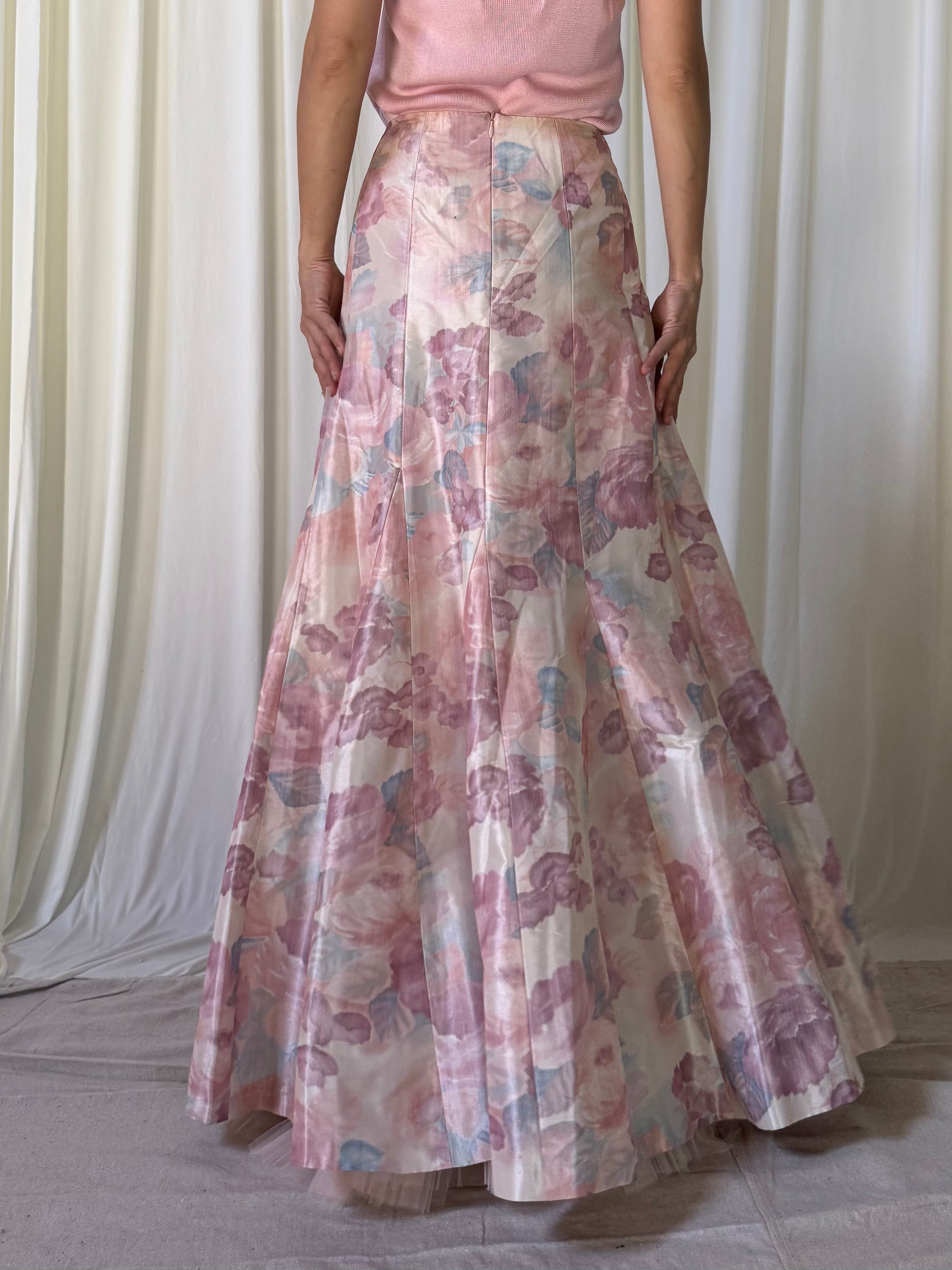 Vintage Paul Vasseur Pink Taffeta Floral Skirt - Size 44