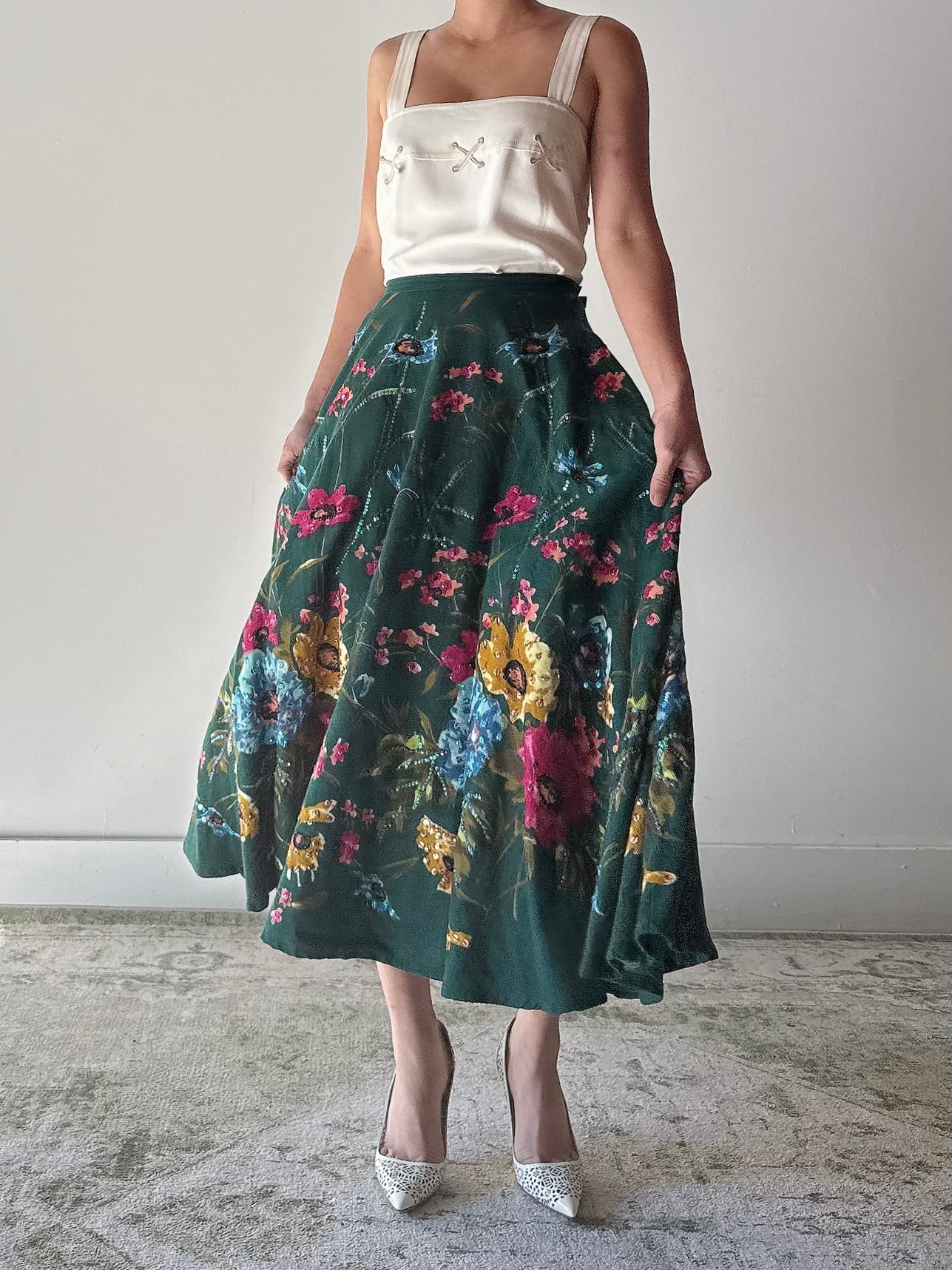 Vintage Monica Velvet Beaded Floral Skirt - M