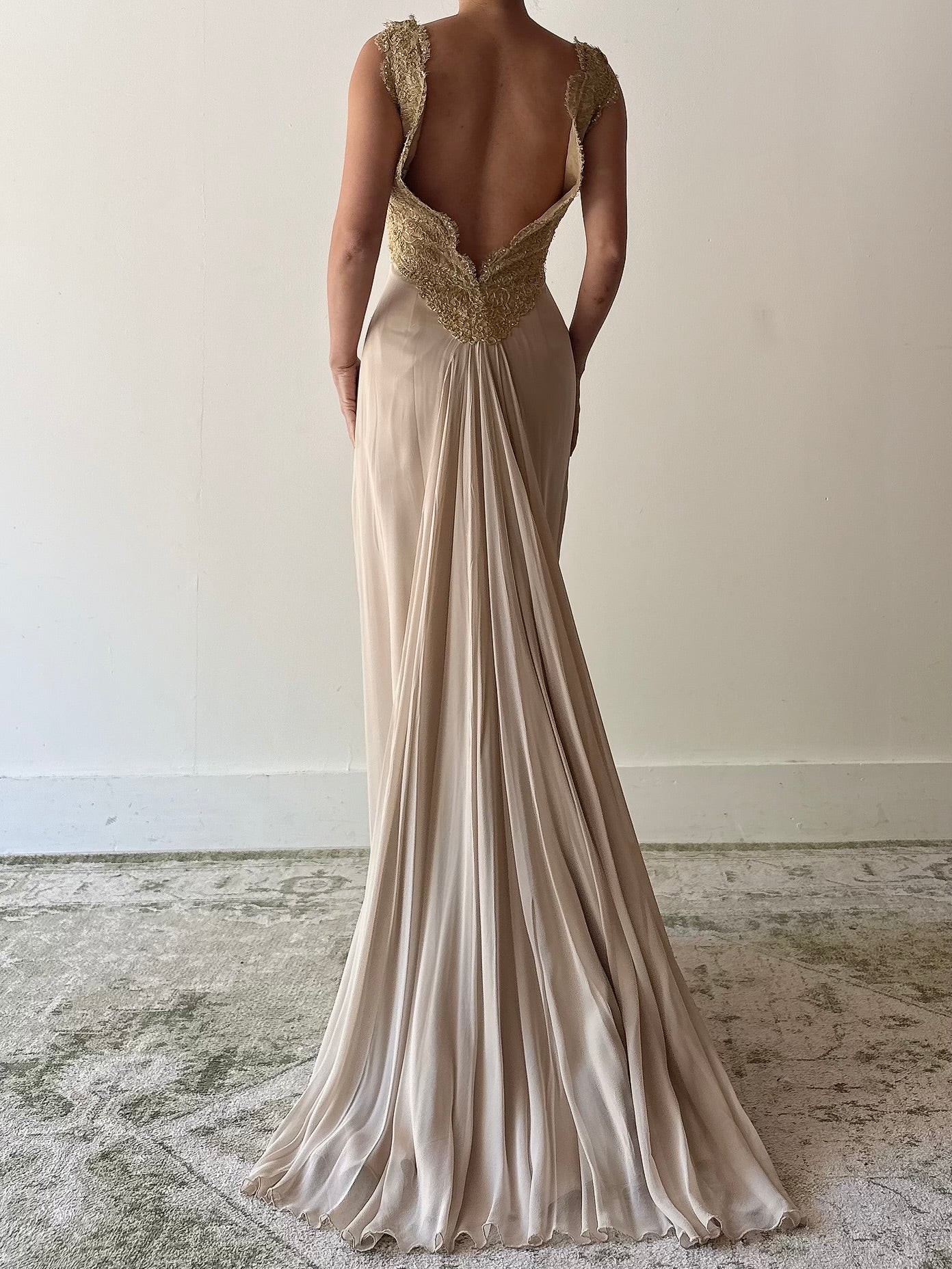 Vintage Yoly Munoz Silk Chiffon Gold Embroidered Gown - Size 8