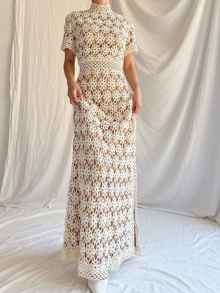 1960s Cotton Crochet Mock Neck Gown