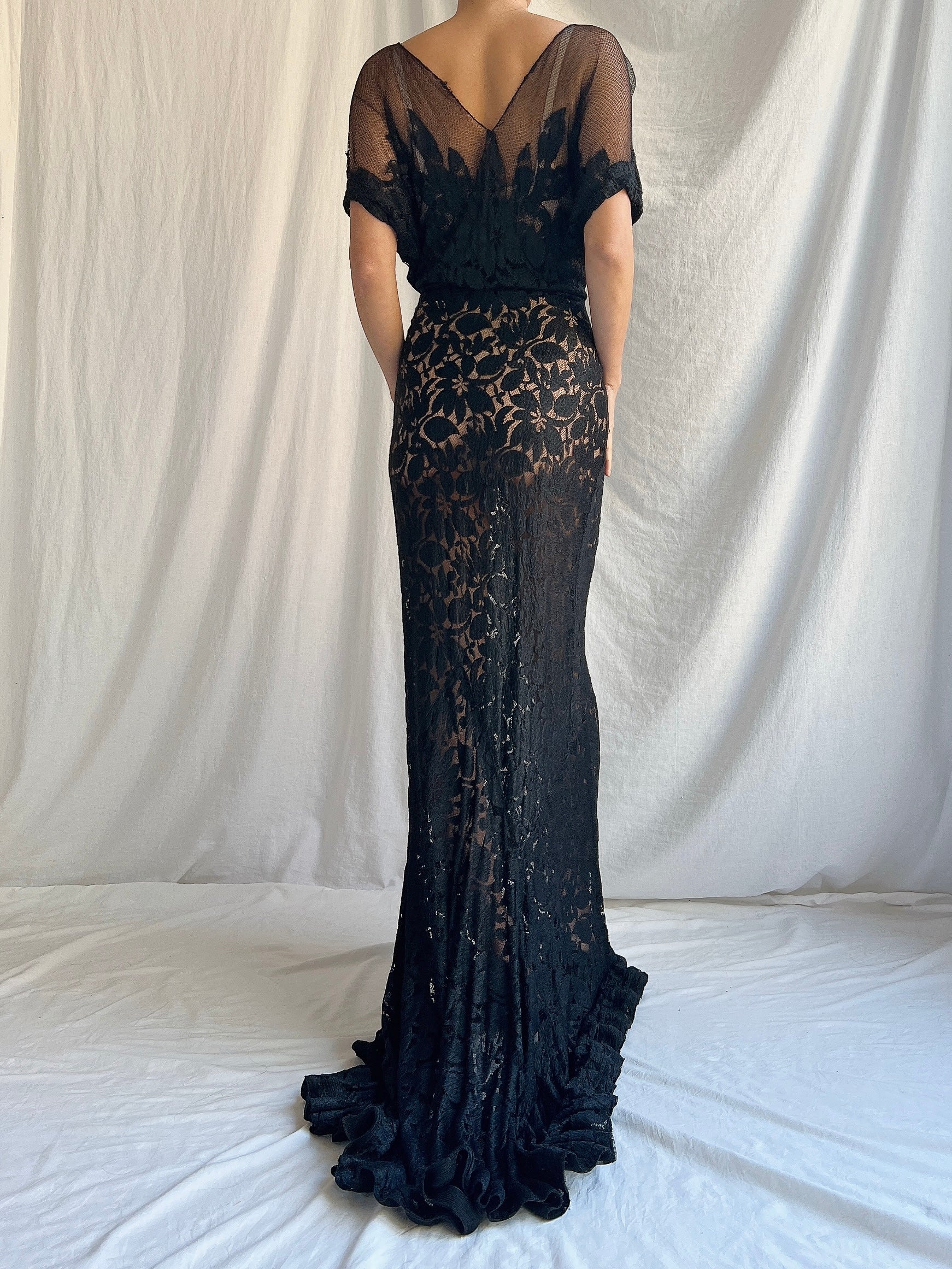 1930s Black Lace Gown - M