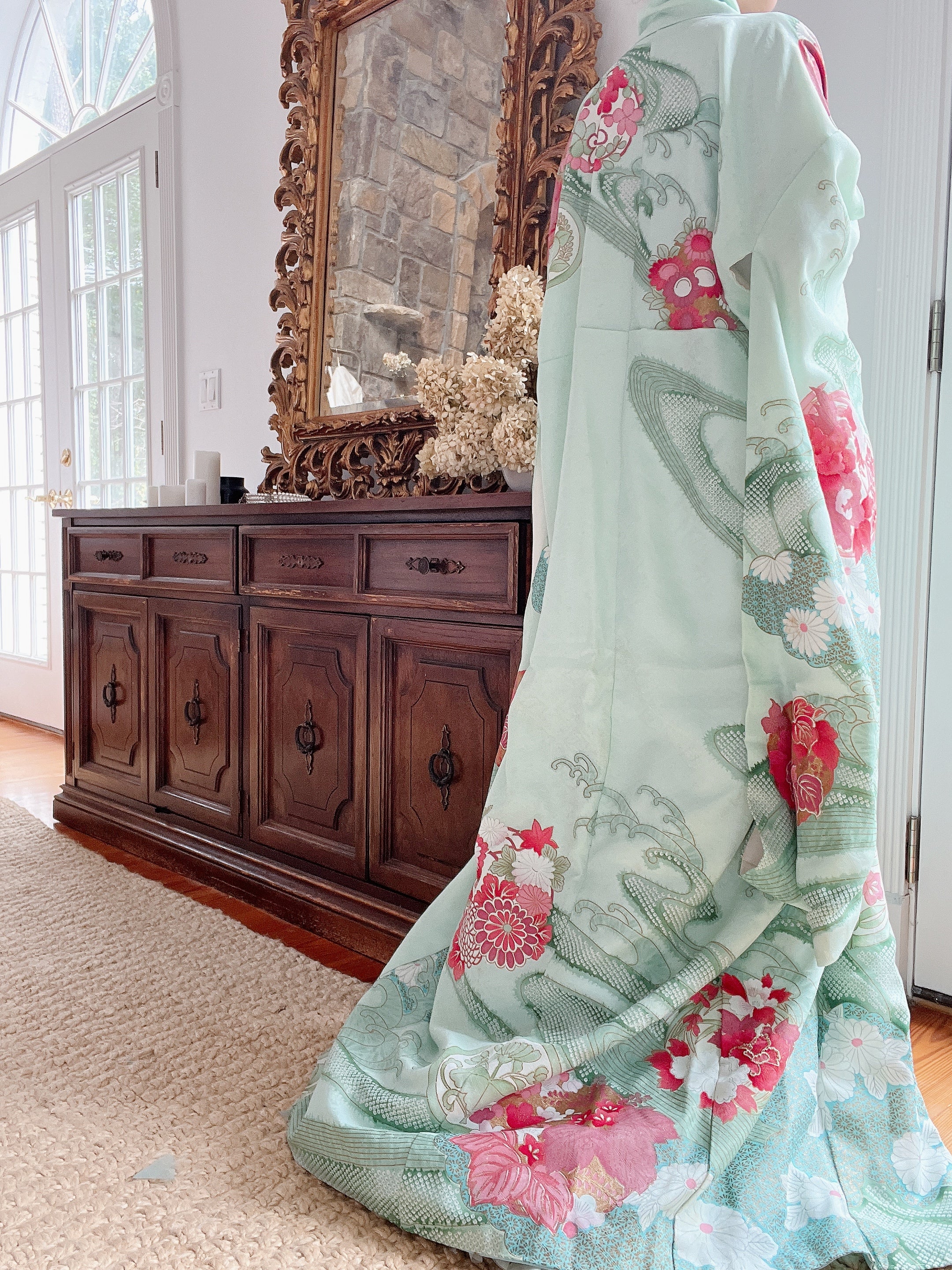 Vintage Silk Teal Abstract Kimono - OSFA