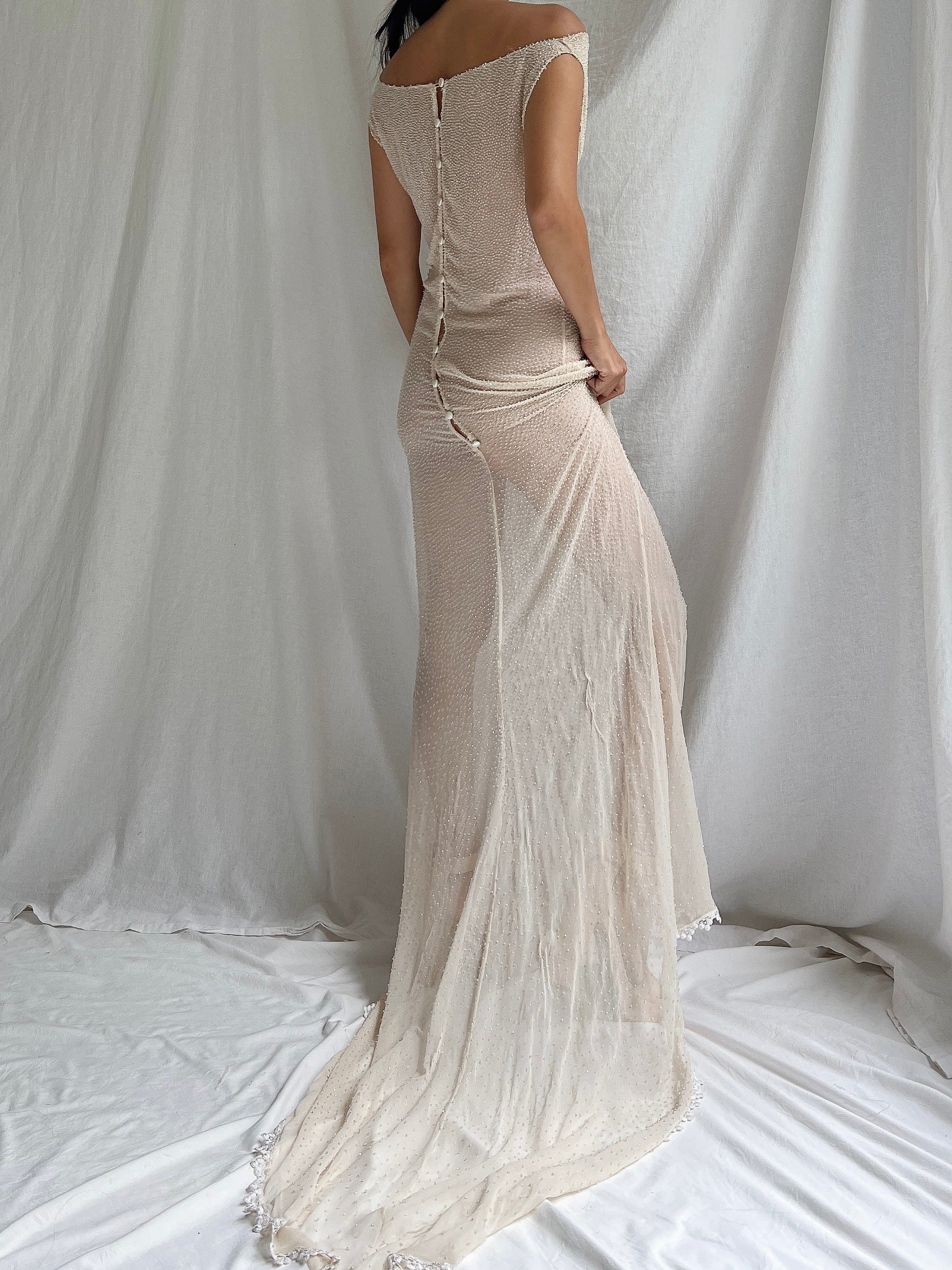 1990s Silk Chiffon Hand Beaded Gown - S