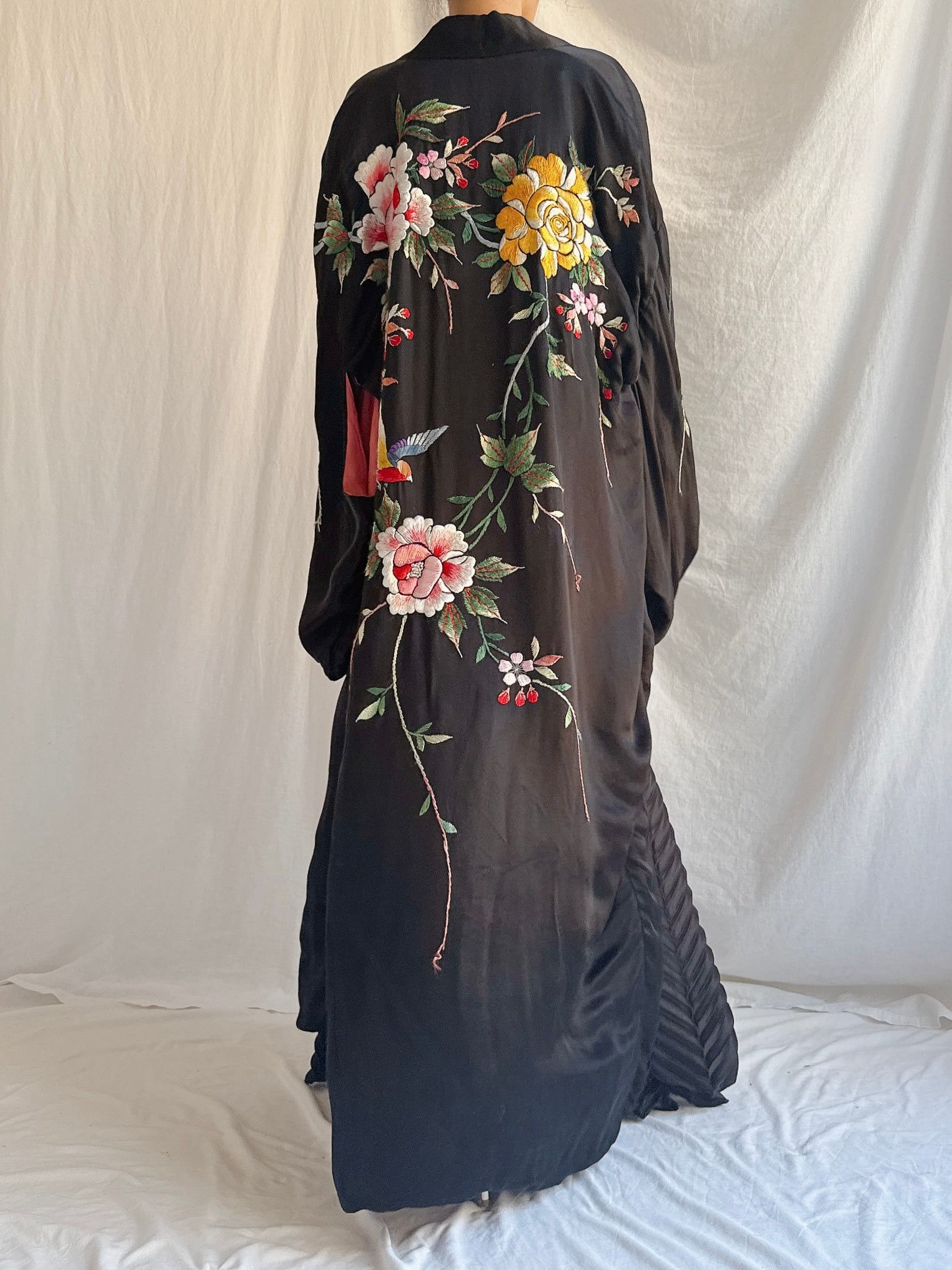 Antique Embroidered Satin Kimono - OSFM