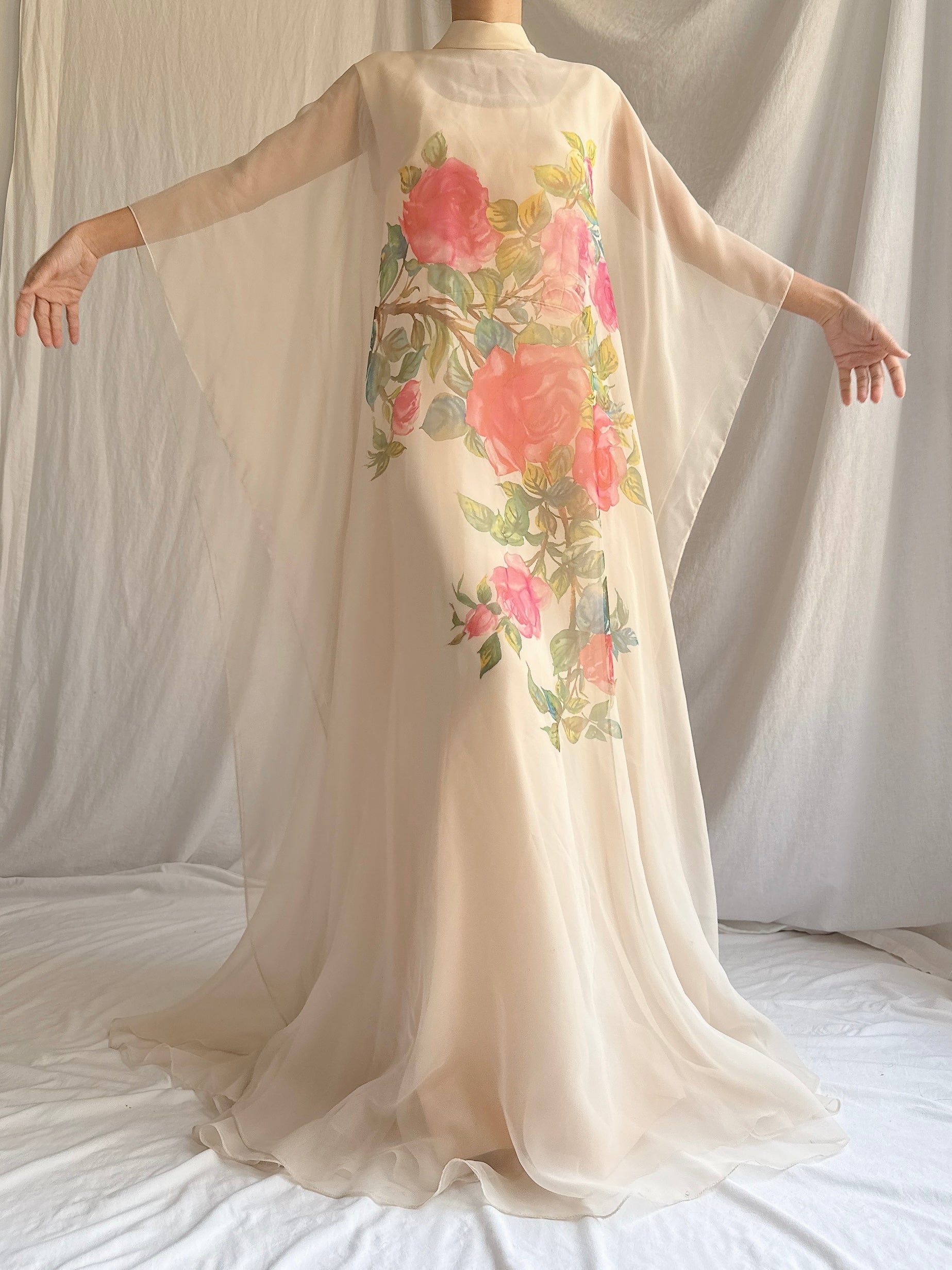 1960s Chiffon Rose Cape Dress - M