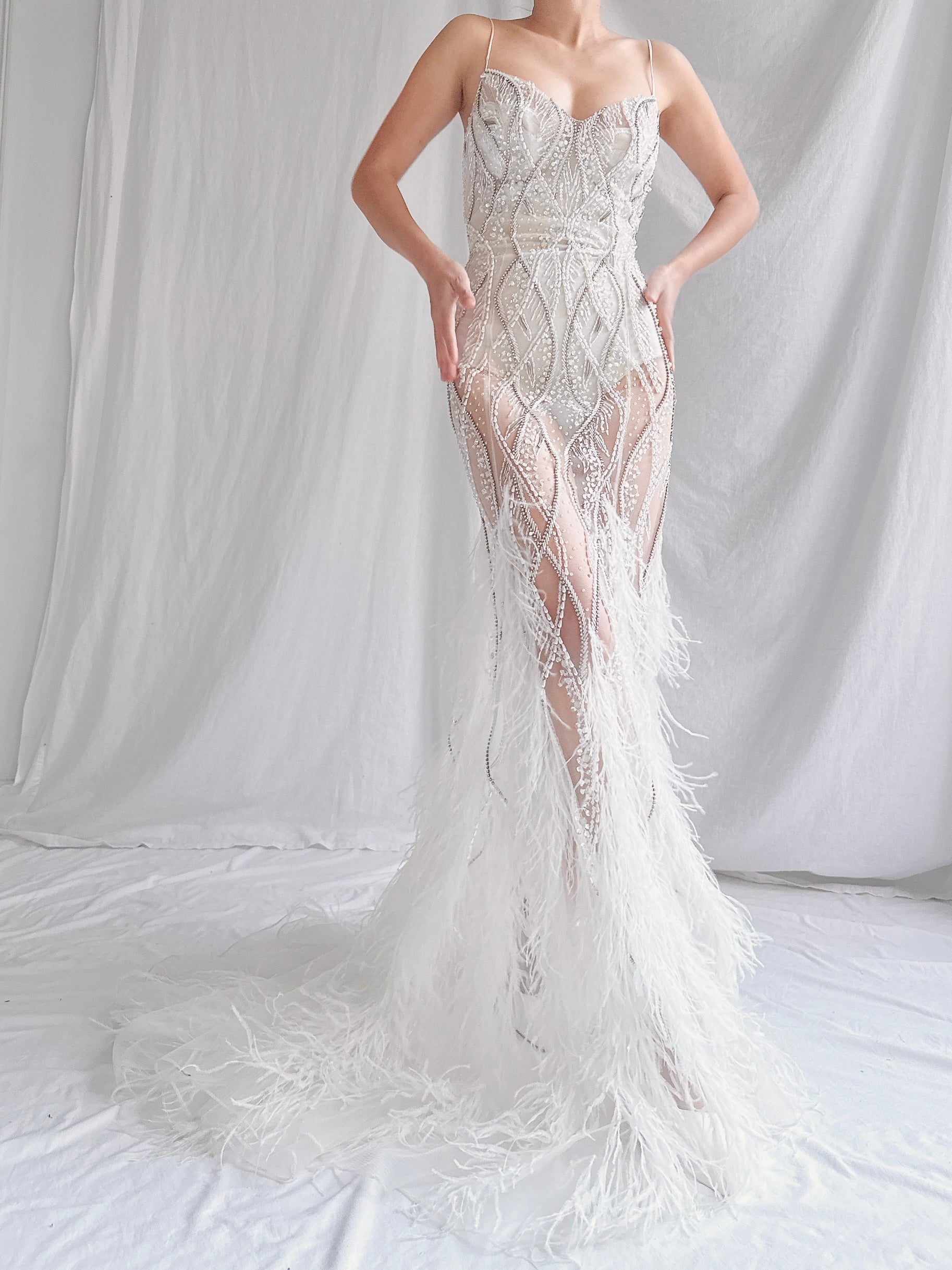 00 Stephen Yearrick Pearl Feather Gown - S-M