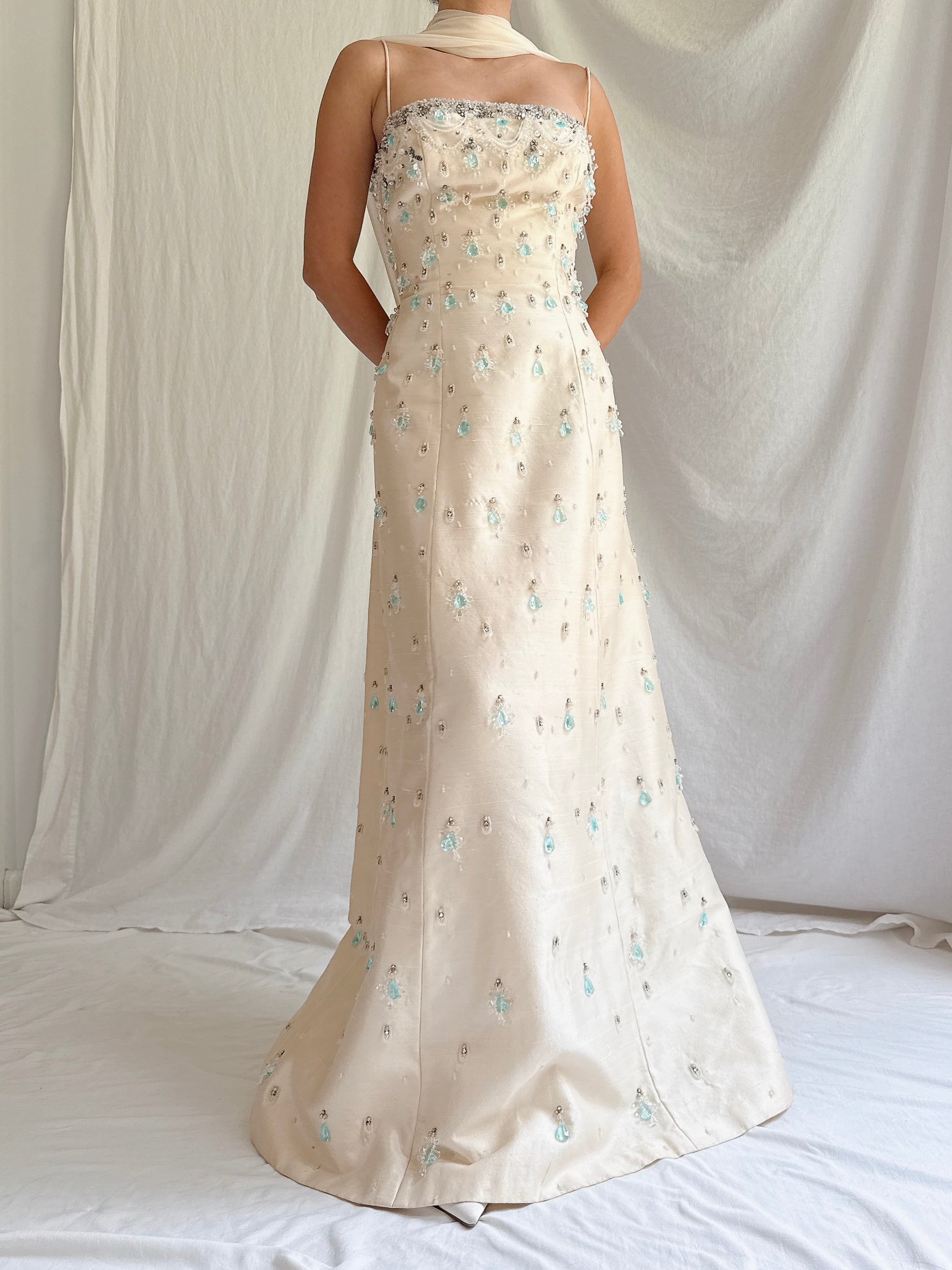 1960s Raw Silk Crystal Gown with Silk Shawl- S/4