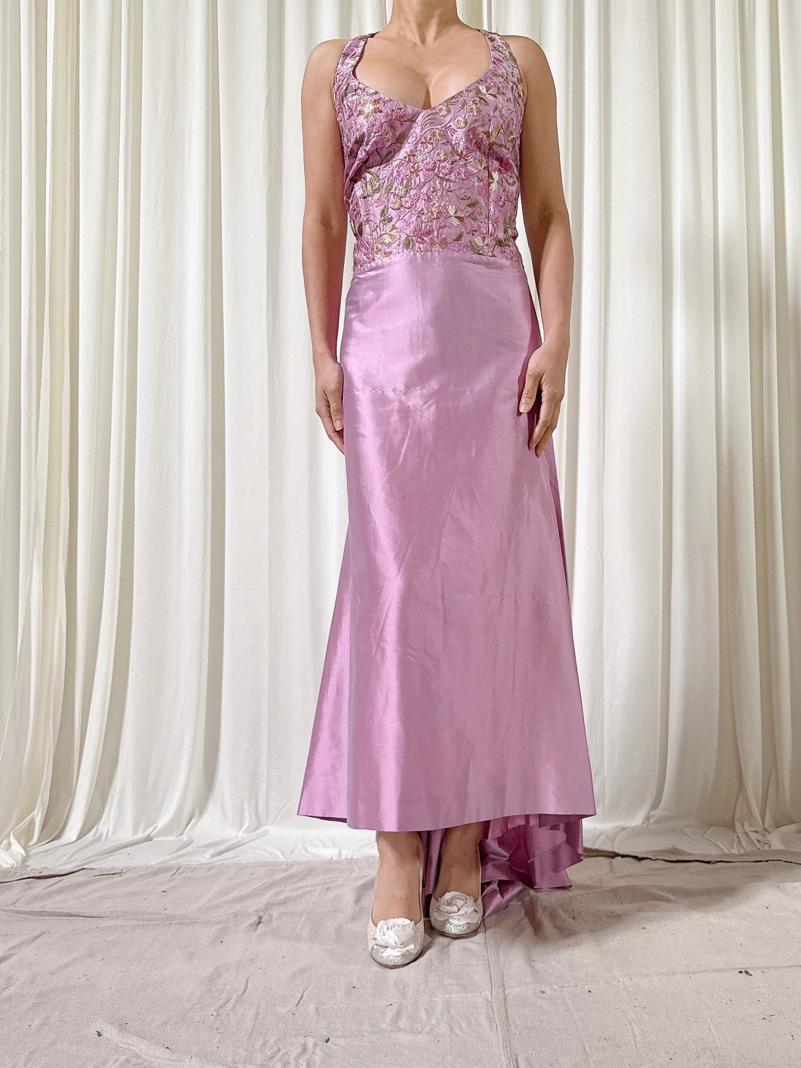 Vintage Silk Lavender Embroidered Dress - Size 44