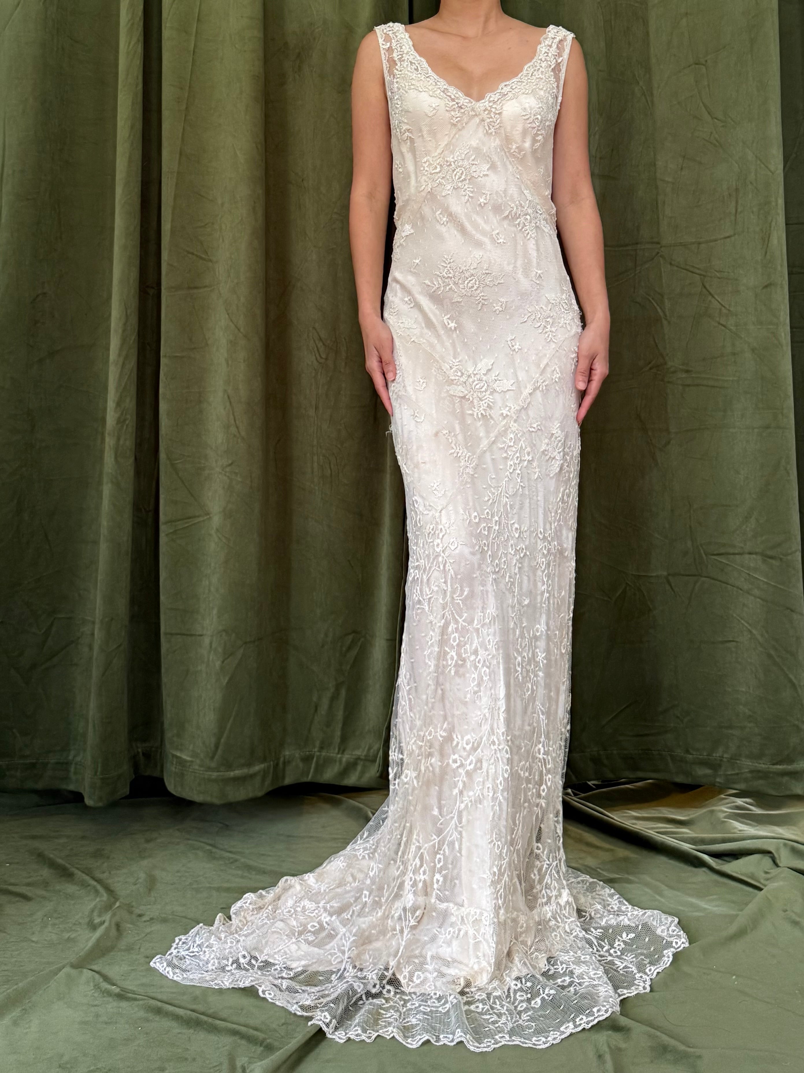 Vintage Beaded French Lace Gown with Silk Slip - S/M