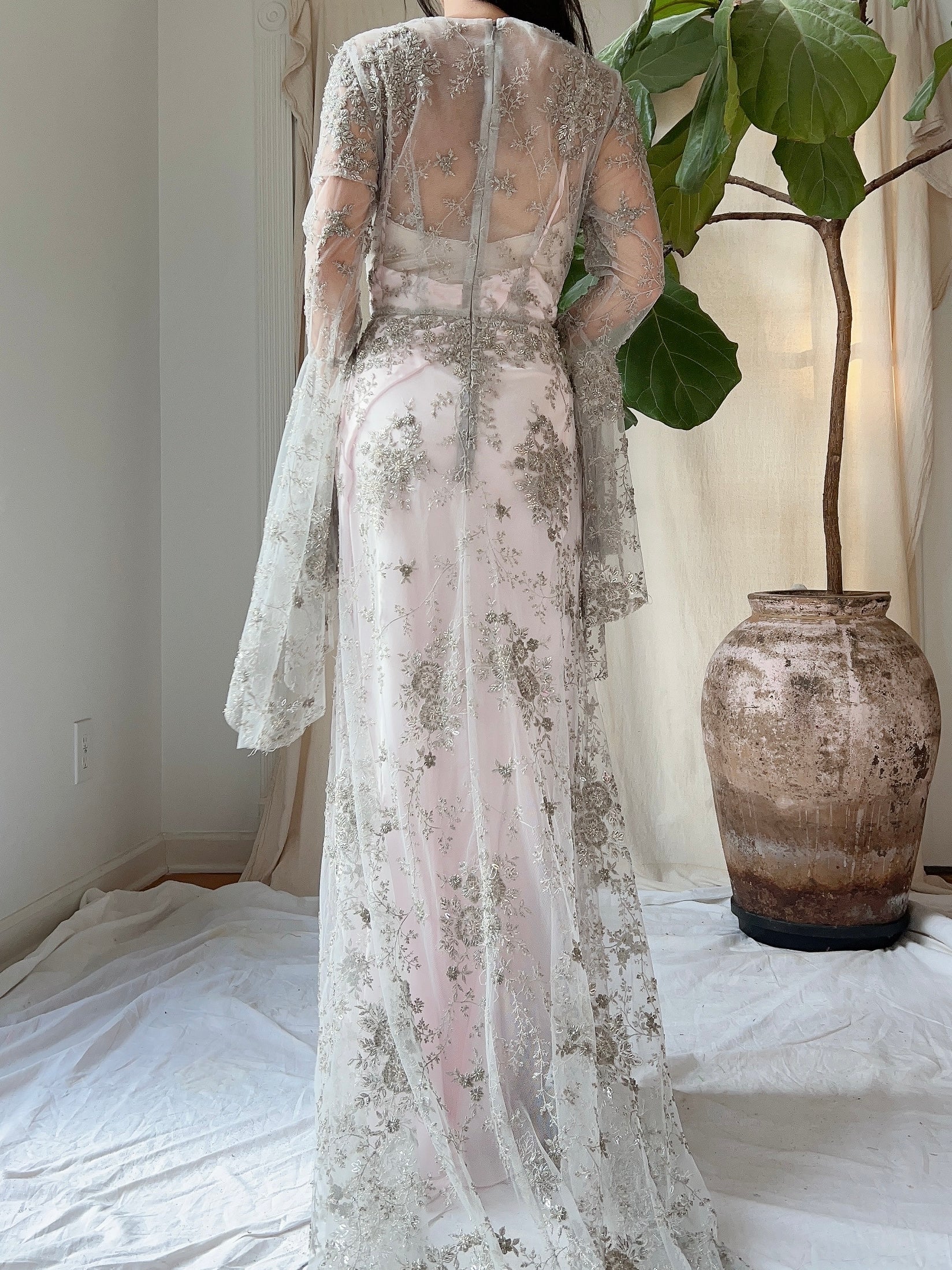 Angel Sleeves Gray Beaded Gown - S/M