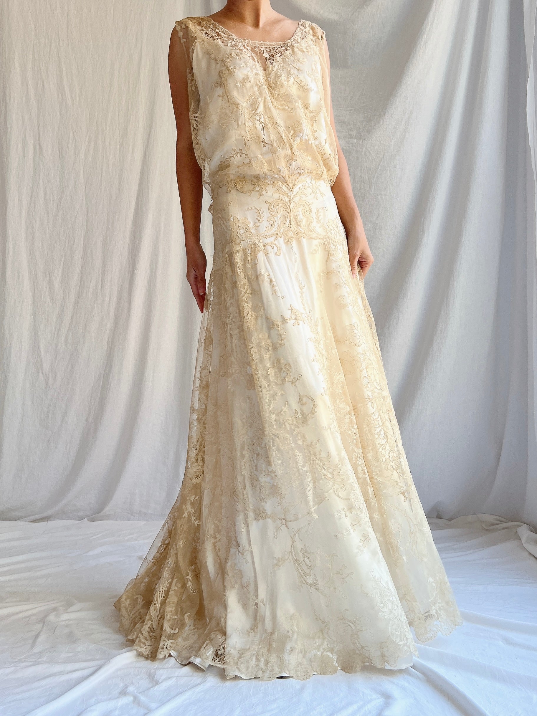 1930s Ecru Lace Gown with Slip - M