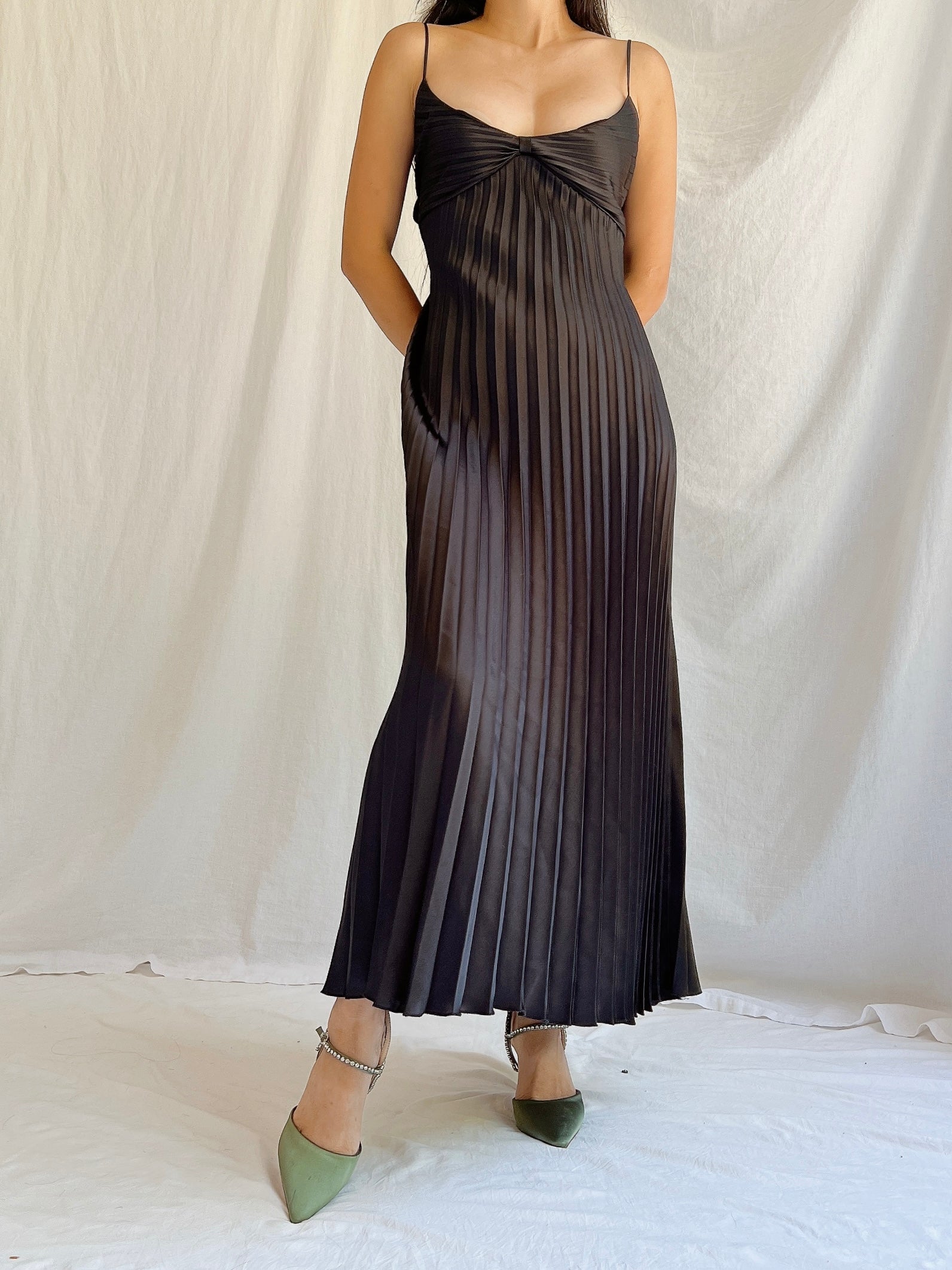 Vintage Black Pleated Slip Dress - M