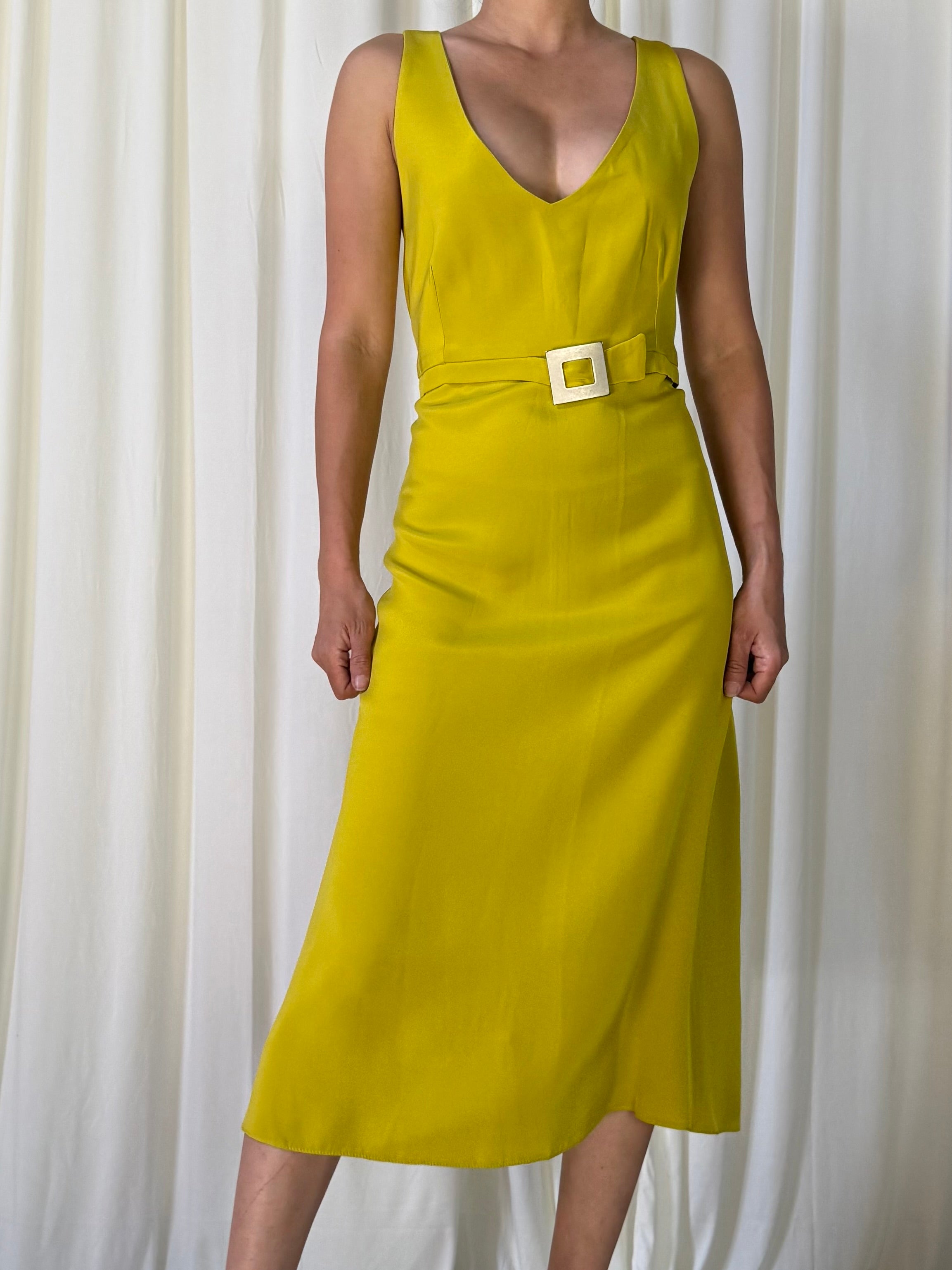 Vintage Chartreuse Silk Crepe Dress - M/8