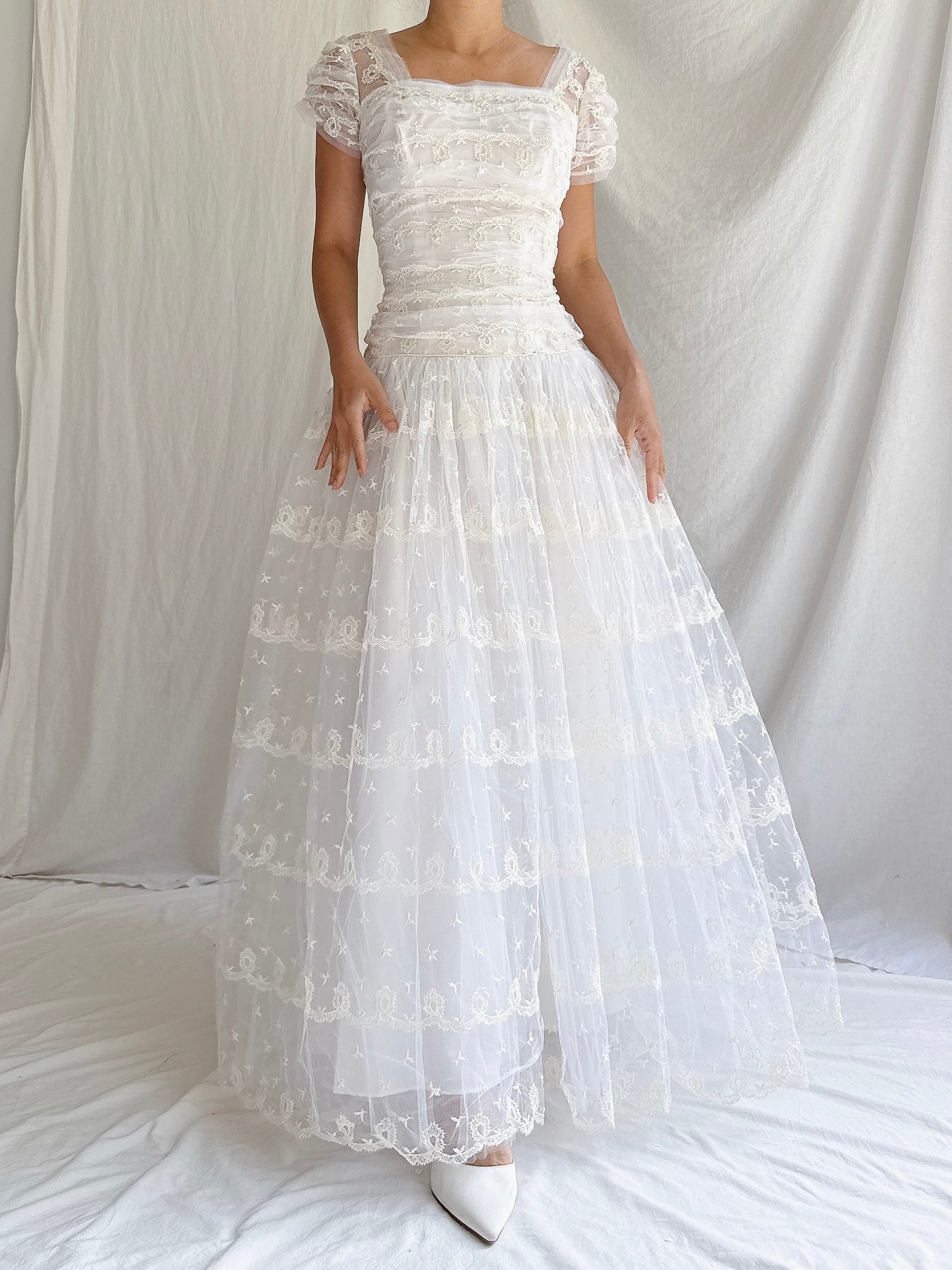 1950s Tulle Dropped Waist Embroidered Dress - S