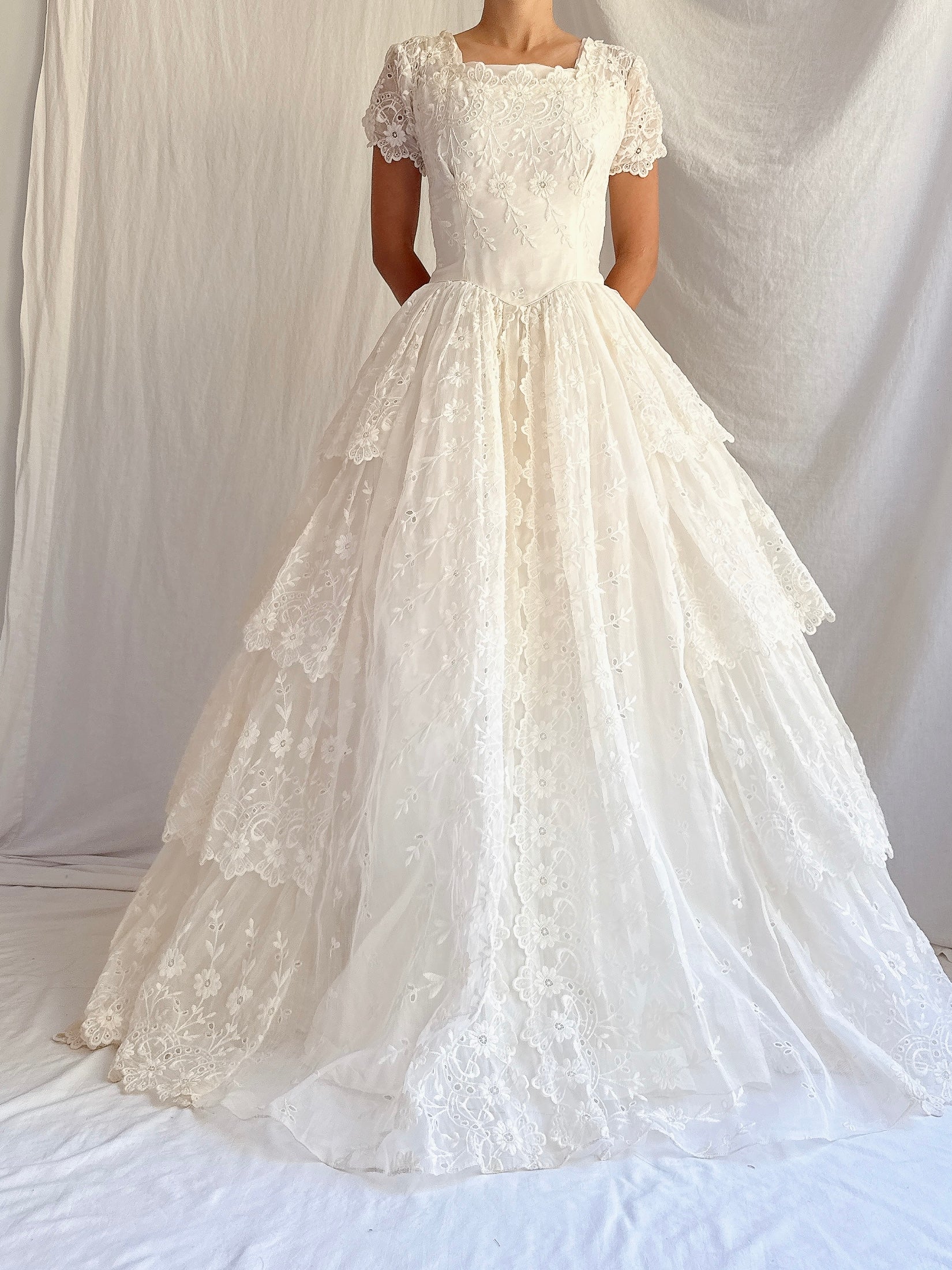 1950s Tiered Organdy Embroidered Gown - XS