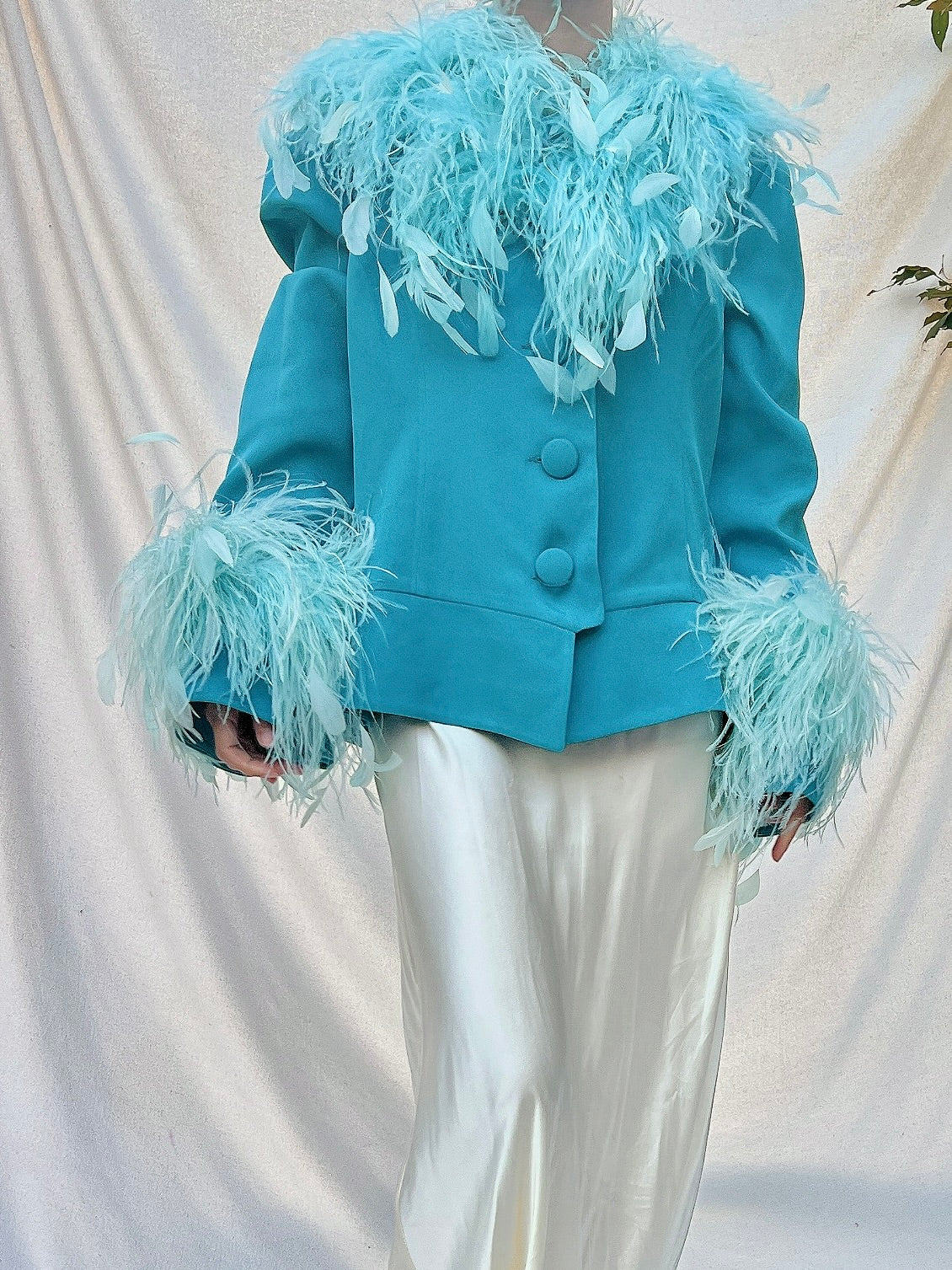 Vintage Cyan Feather Rayon Jacket - M