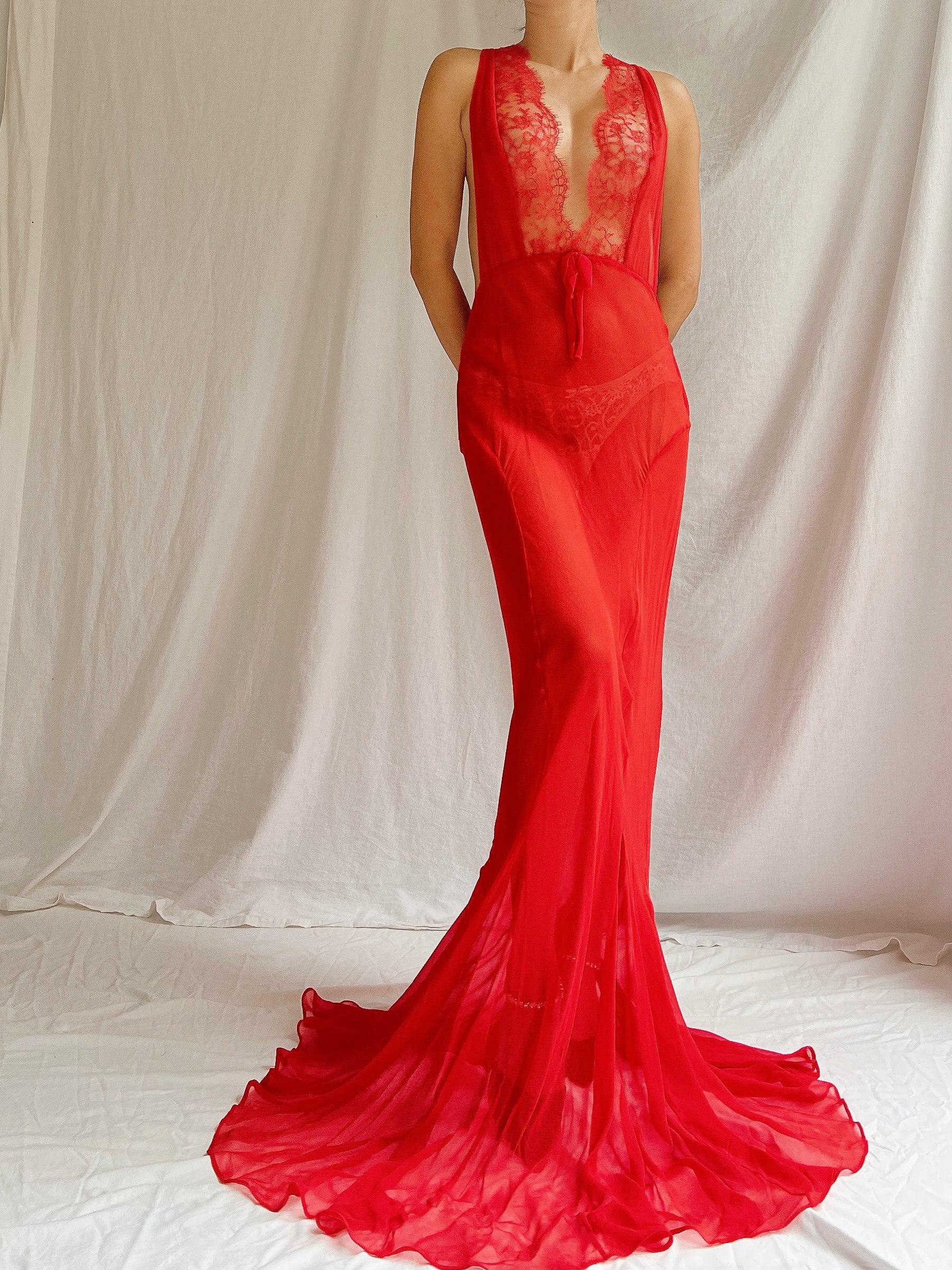 00s Red Silk Sheer Slip Gown - M/L