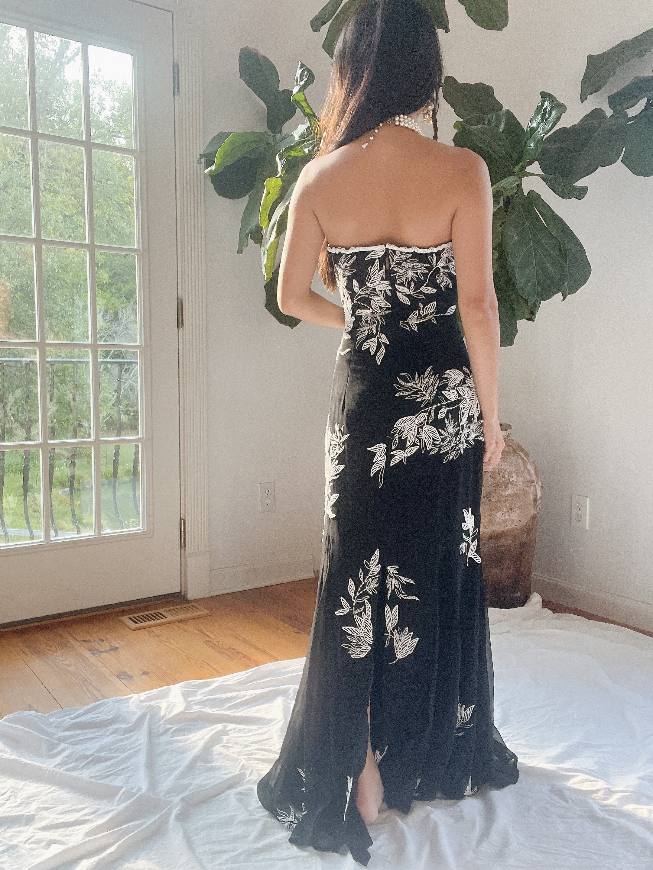 1990s Silk Strapless Beaded Gown - S