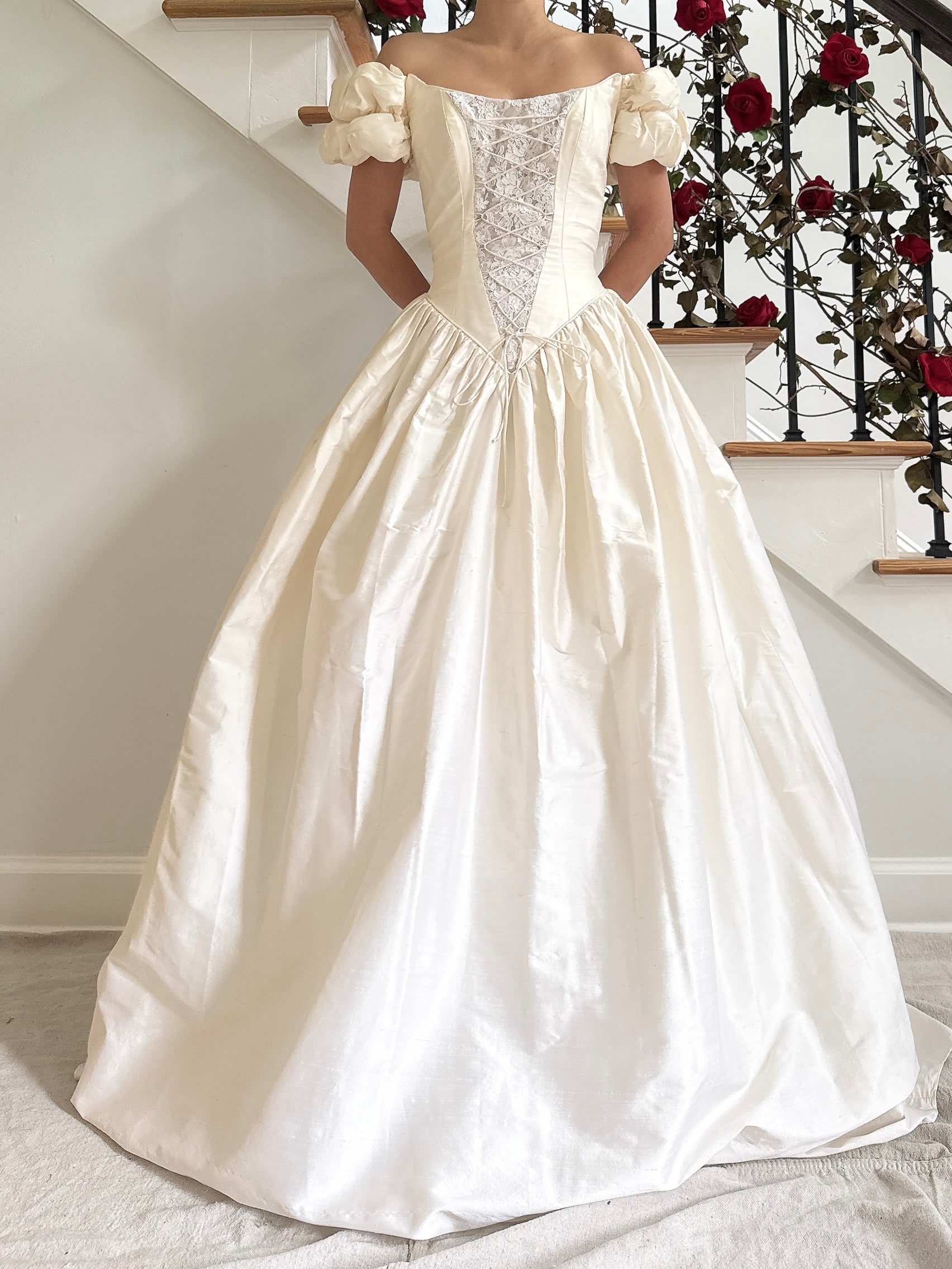 Vintage Guzzo Toronto Off-the-Shoulder Silk Dupioni Gown - S