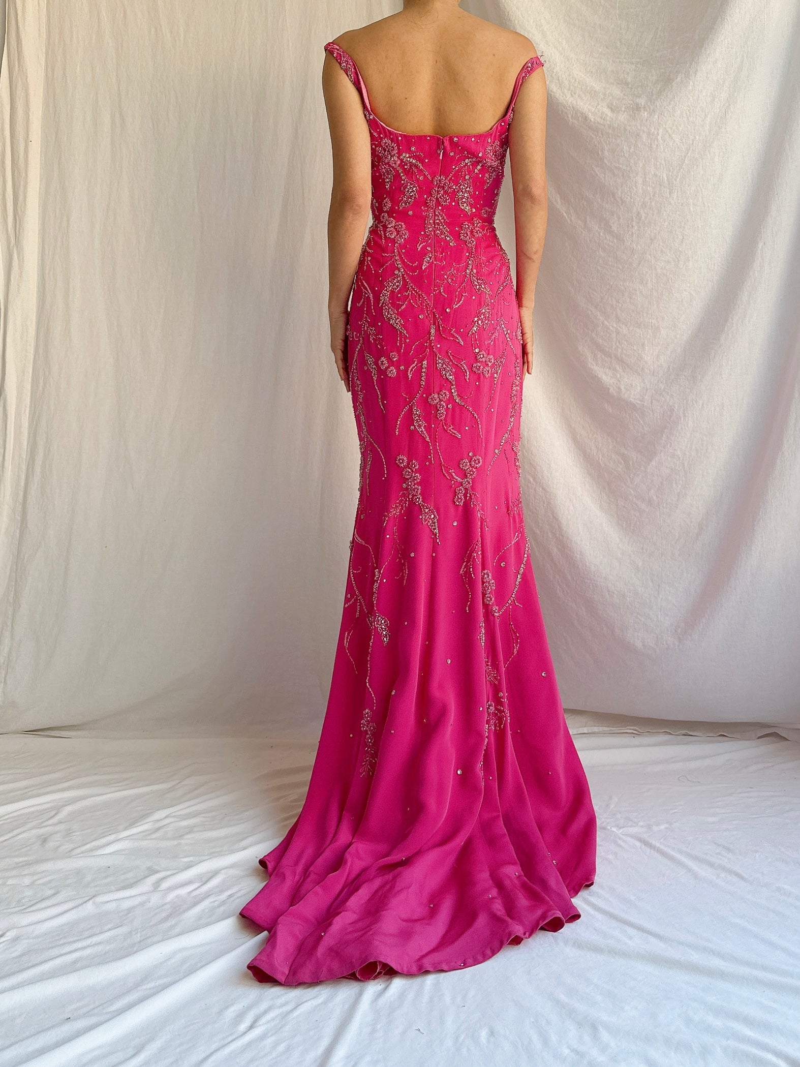 Vintage Hot Pink Silk Beaded Gown - M