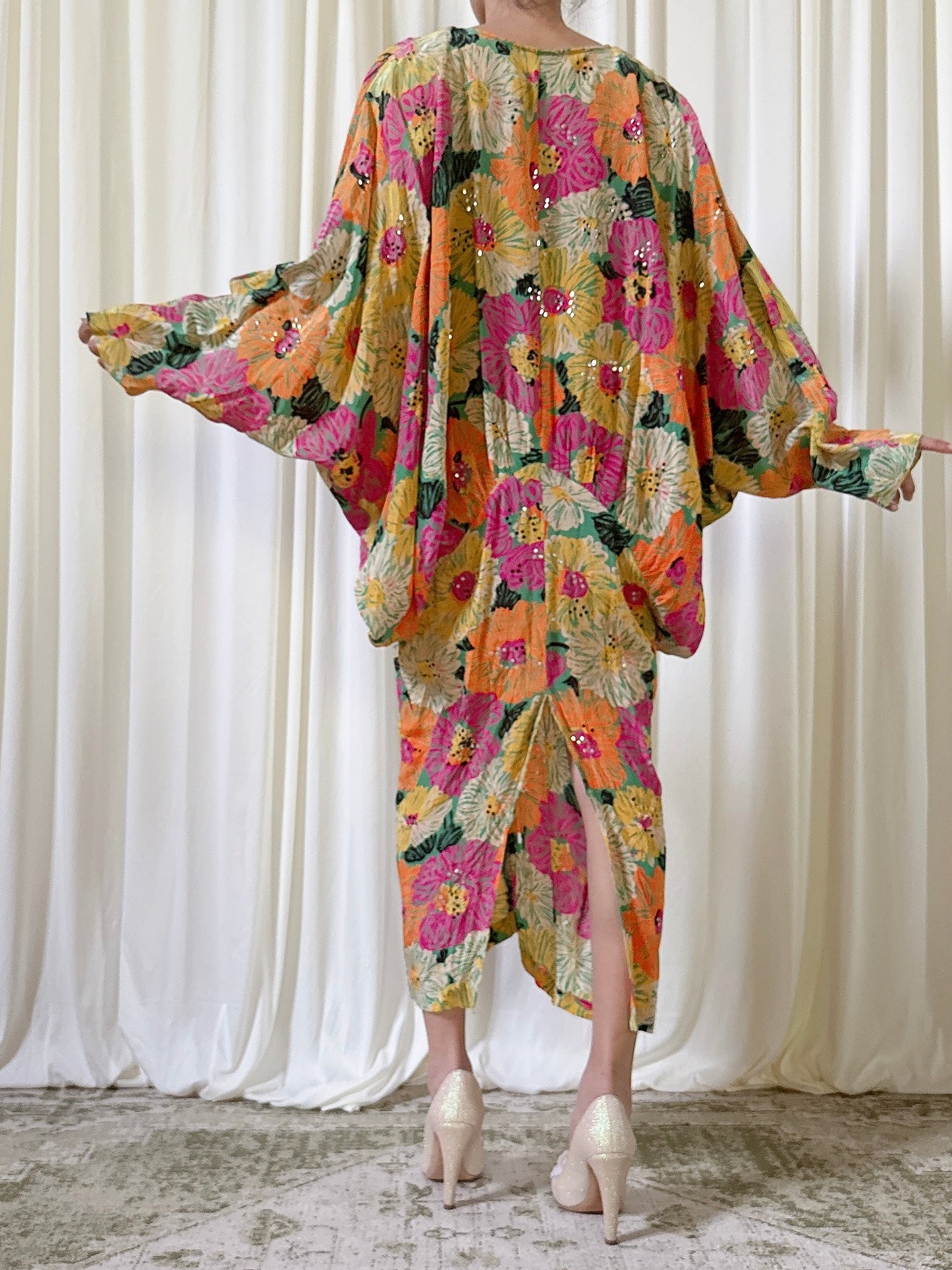 1980s Silk Floral Dress - M