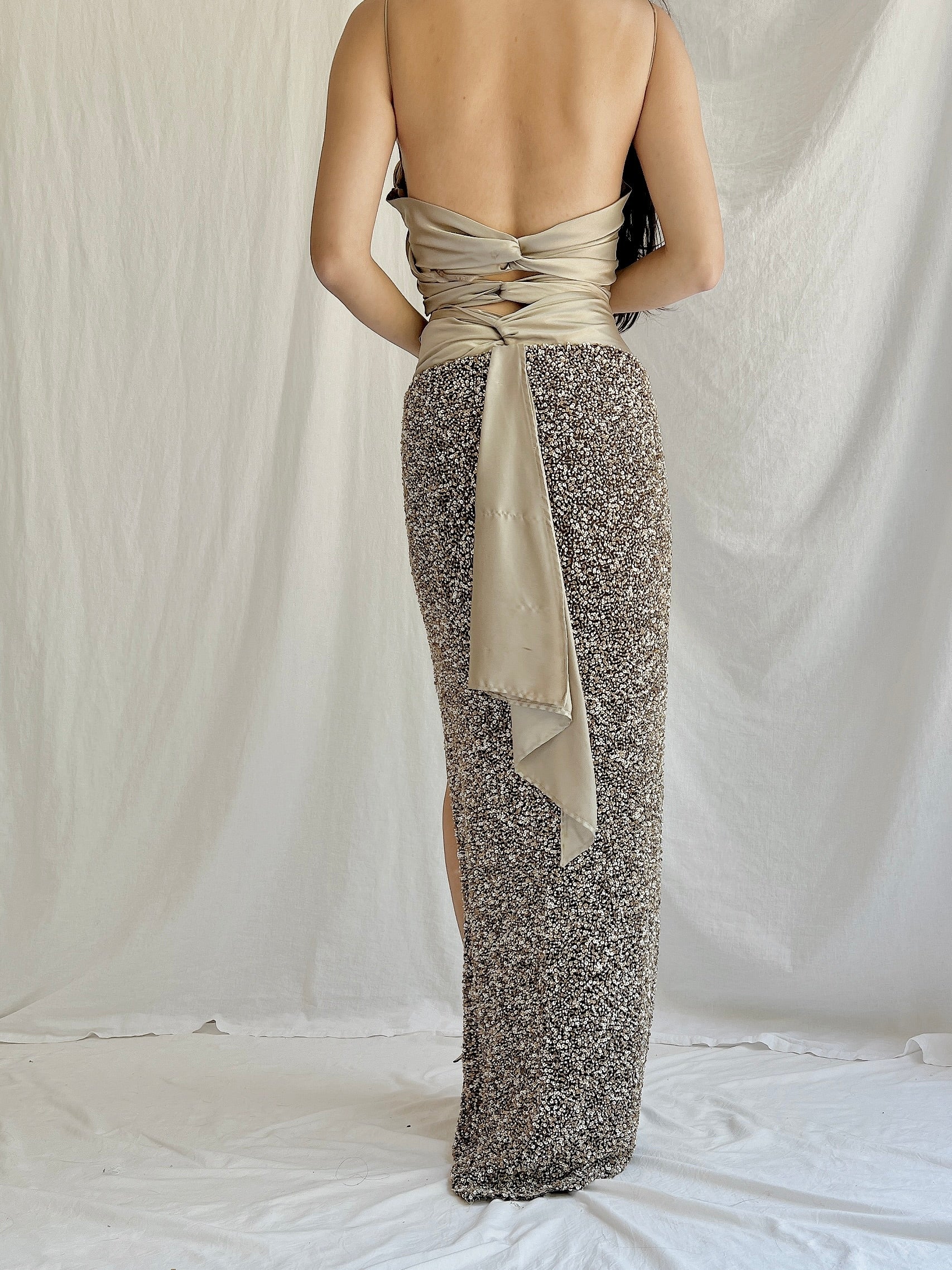 Y2K Taupe/Chocolate Beaded Silk Gown - M