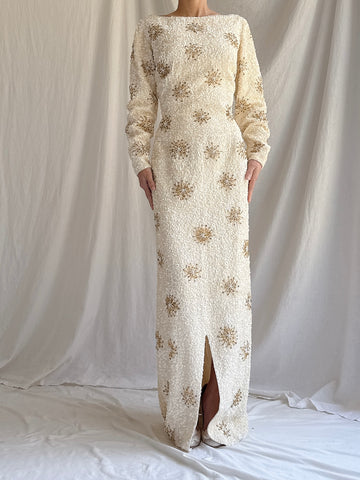 1960s Ivory Beaded Dress - M