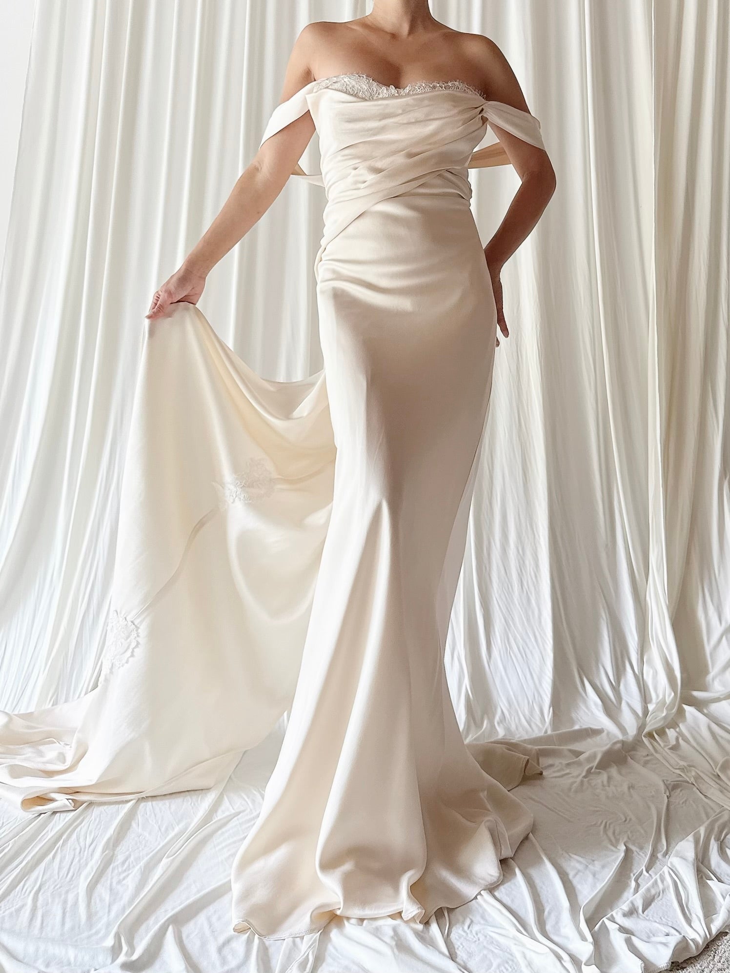 Vintage Silk Draped Bias Cut Gown with Detachable Train - M
