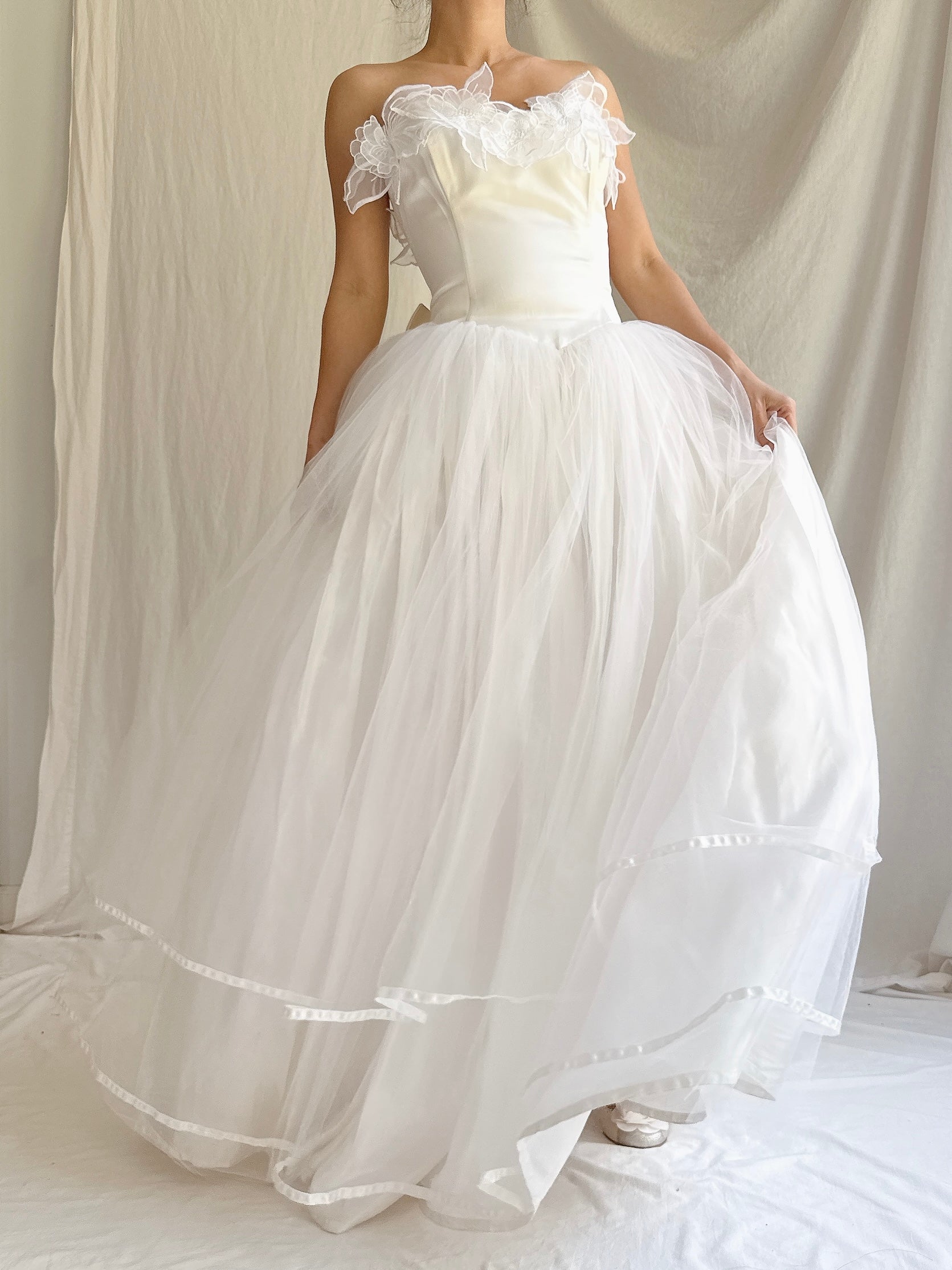 Vintage Strapless Applique Tulle Dress - S