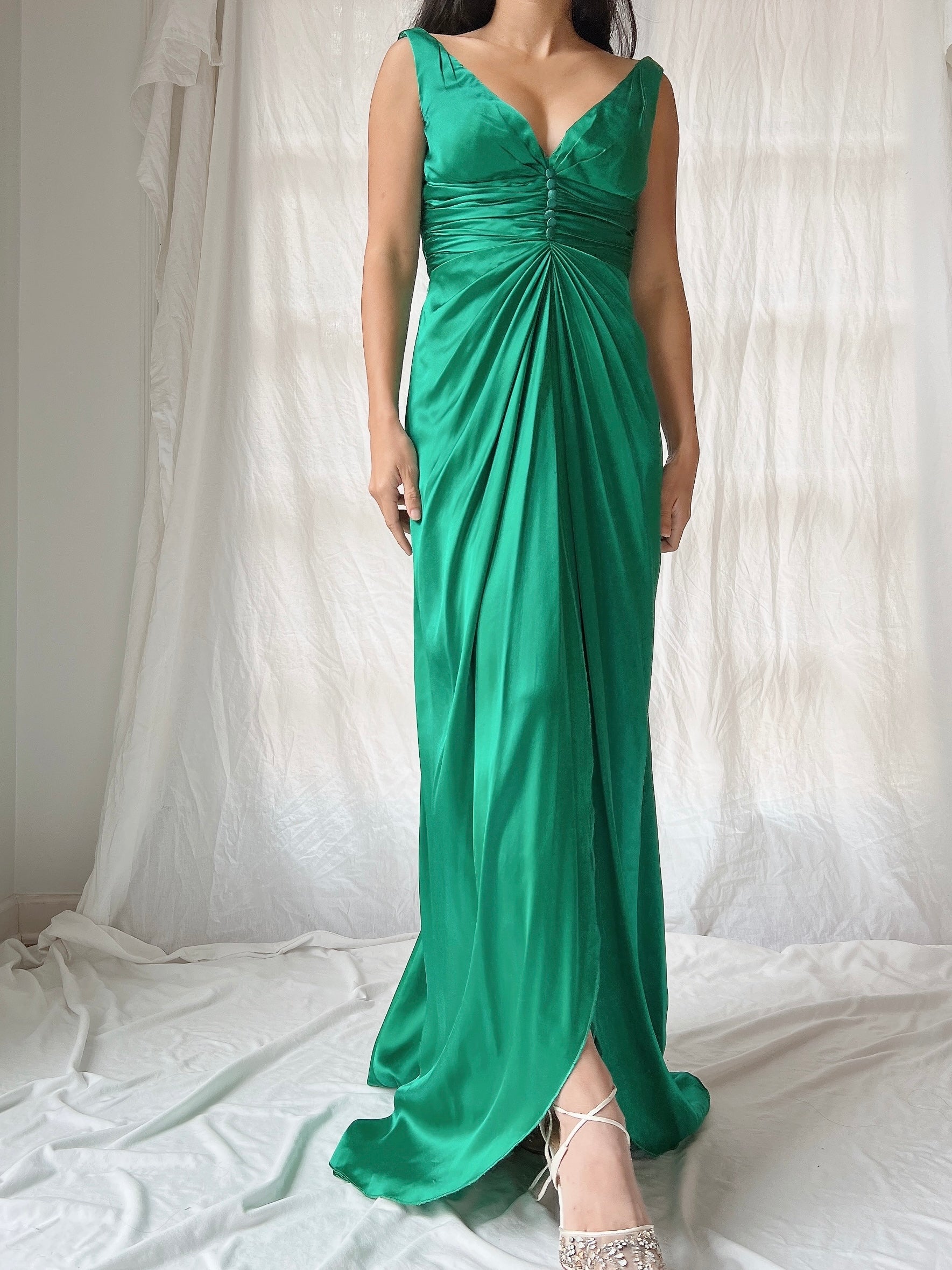 Vintage Emerald Silk Draped Dress - XS/2