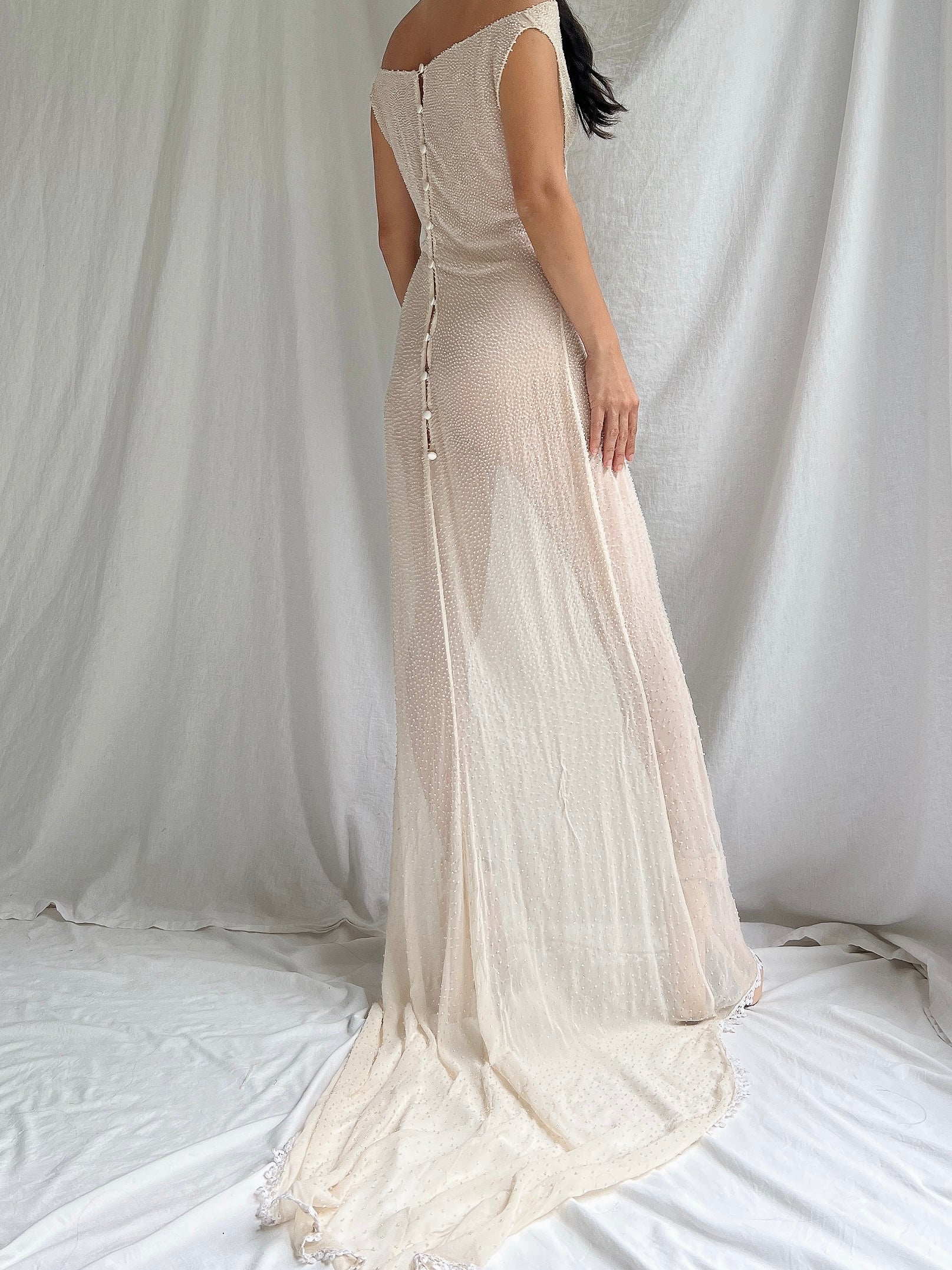 1990s Silk Chiffon Hand Beaded Gown - S