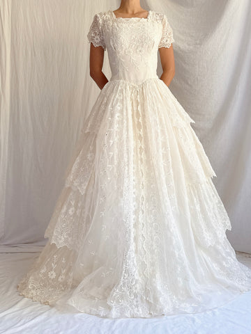 1950s Tiered Organdy Embroidered Gown - XS