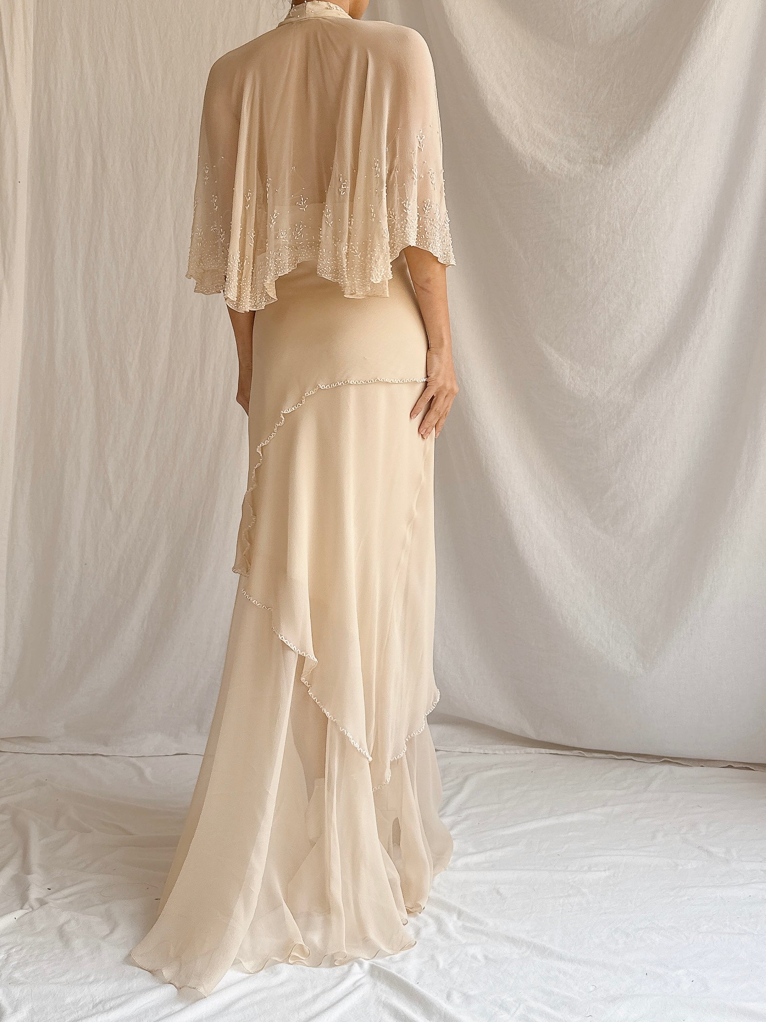 Vintage Almond Silk Cape Gown - M