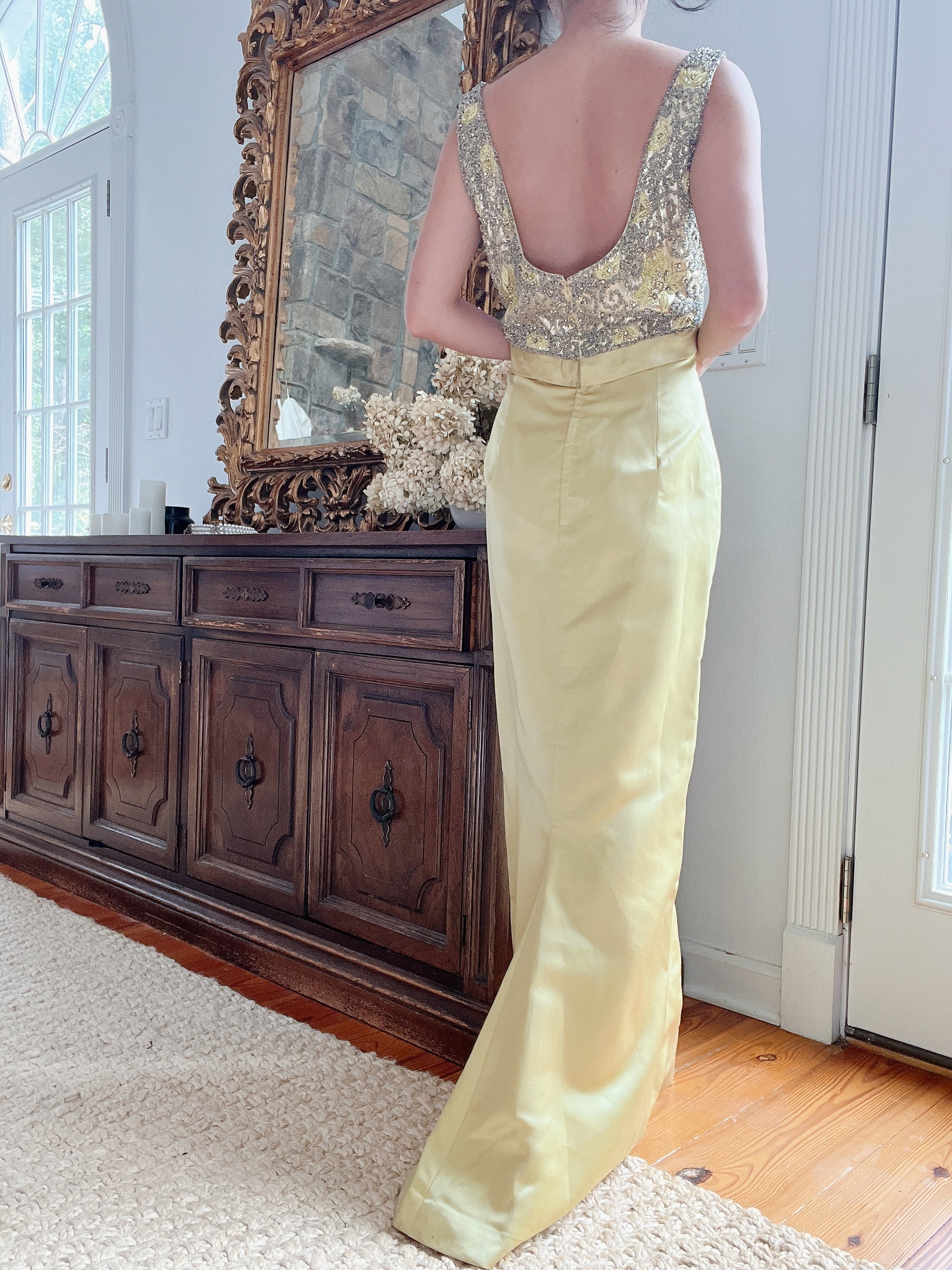 1960s Chartreuse Silk Beaded Gown - S