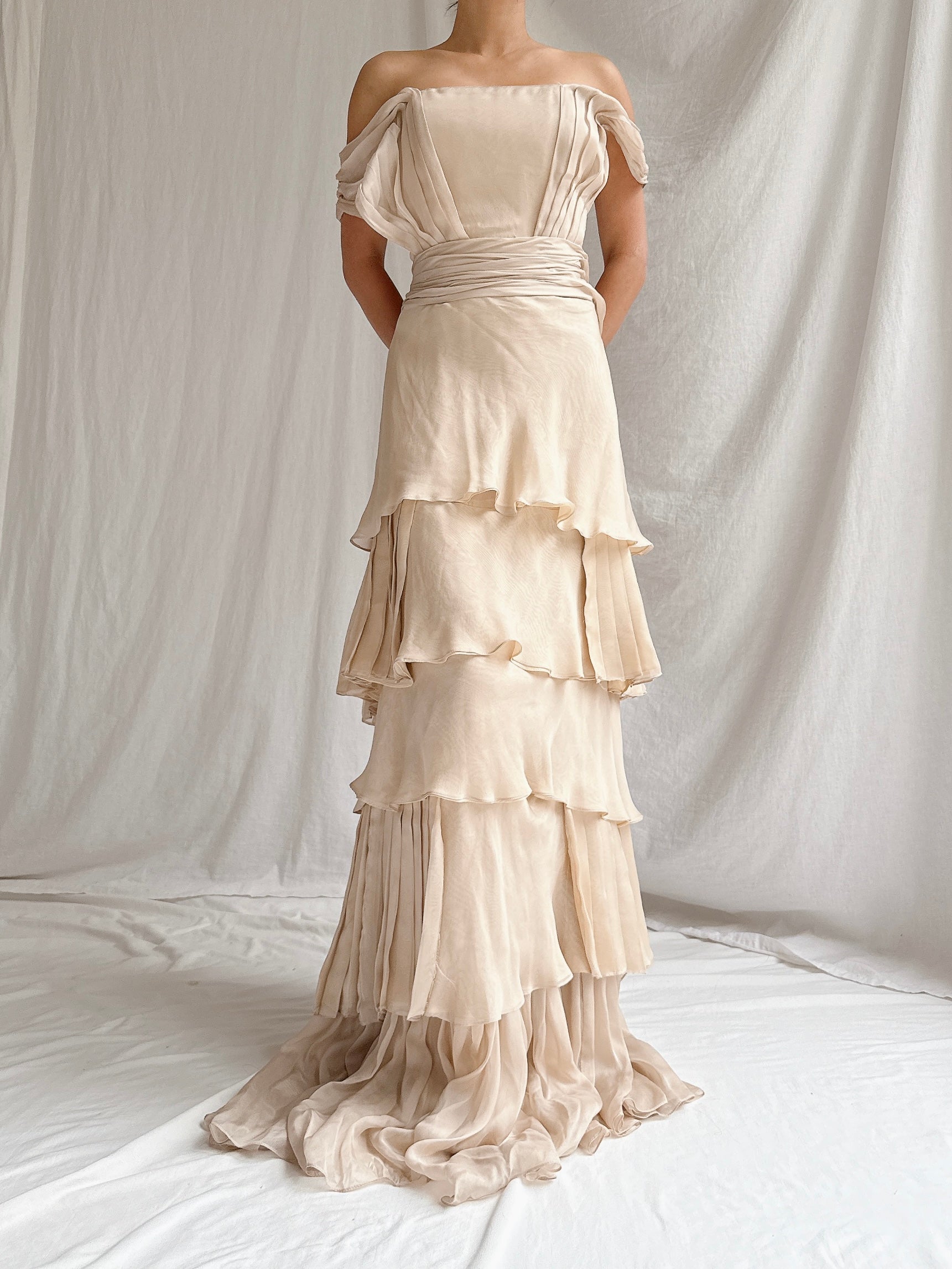 Vintage Beige Silk Tiered Dress - S