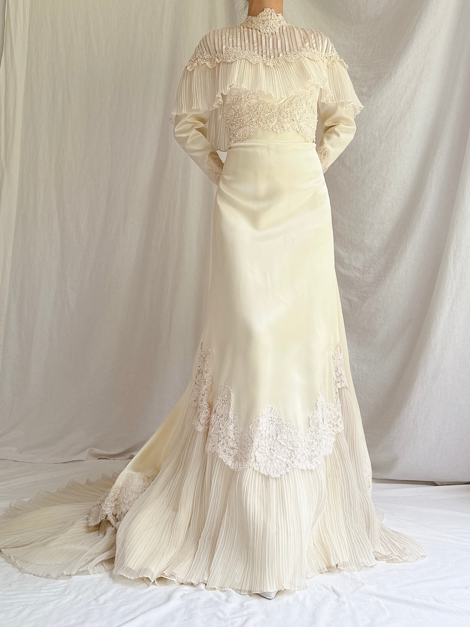 1970s Ivory Pleated Hem Satin Gown - S