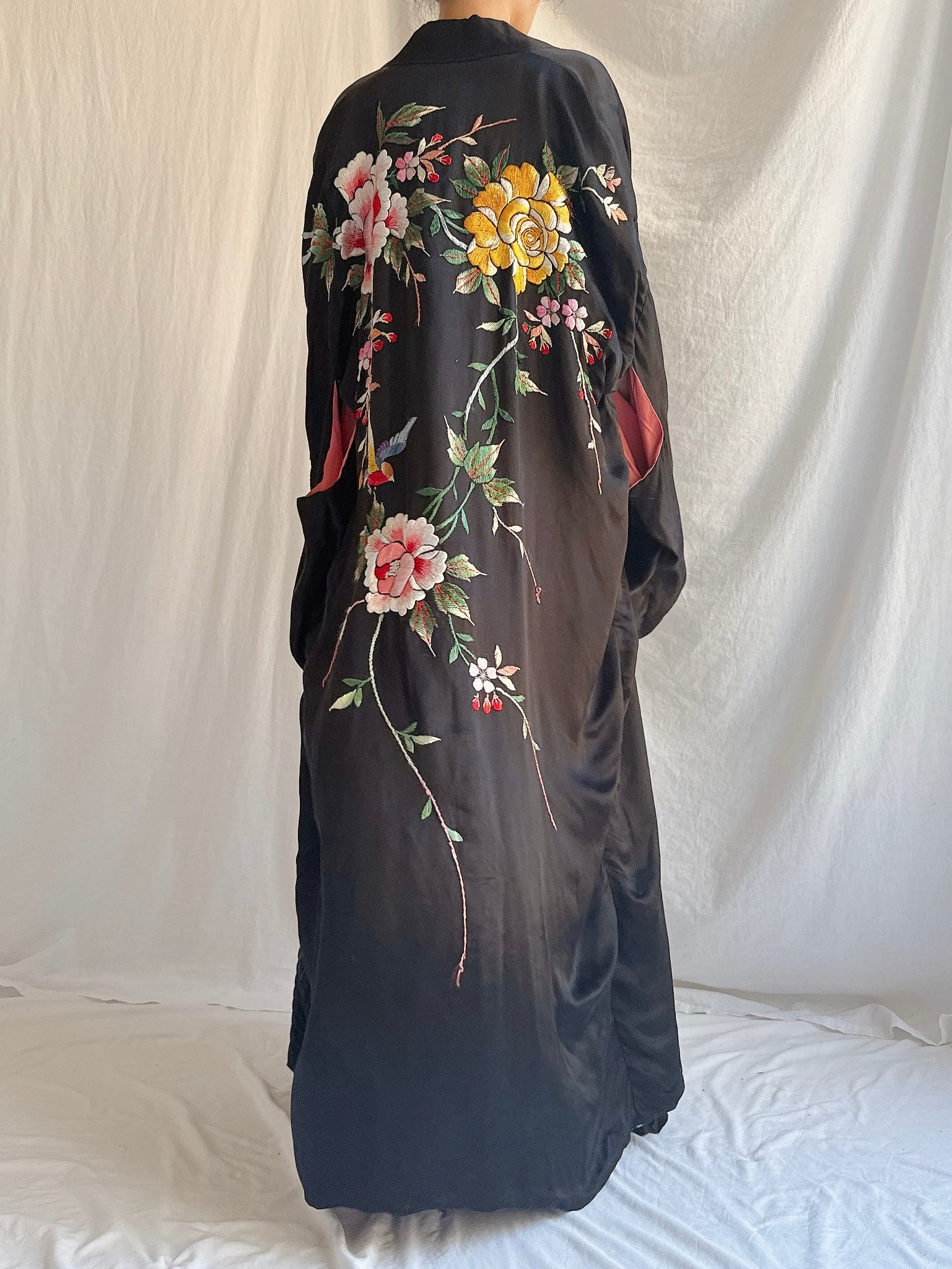 Antique Embroidered Satin Kimono - OSFM