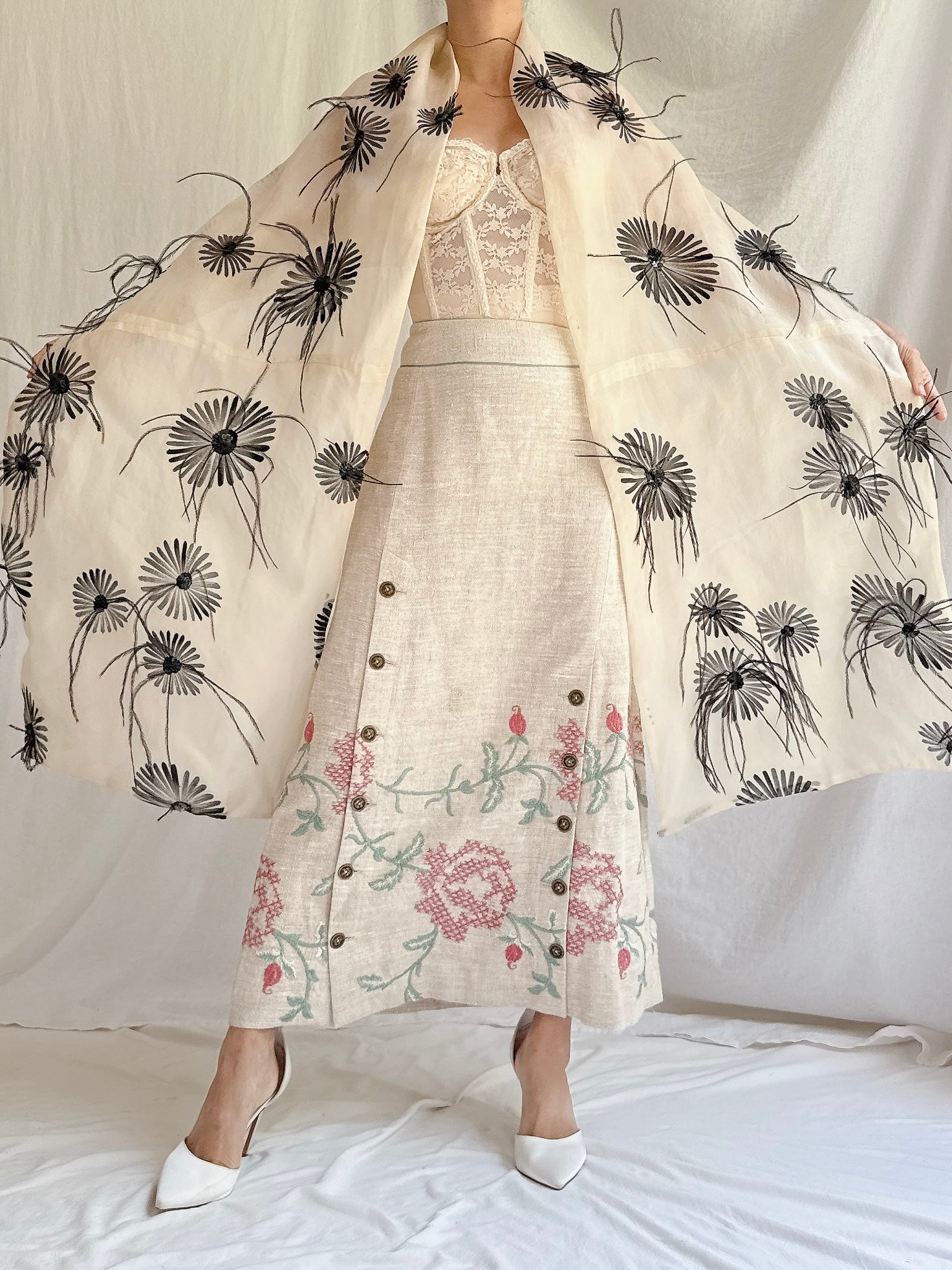 Vintage Silk Organza Feather Shawl - OSFM