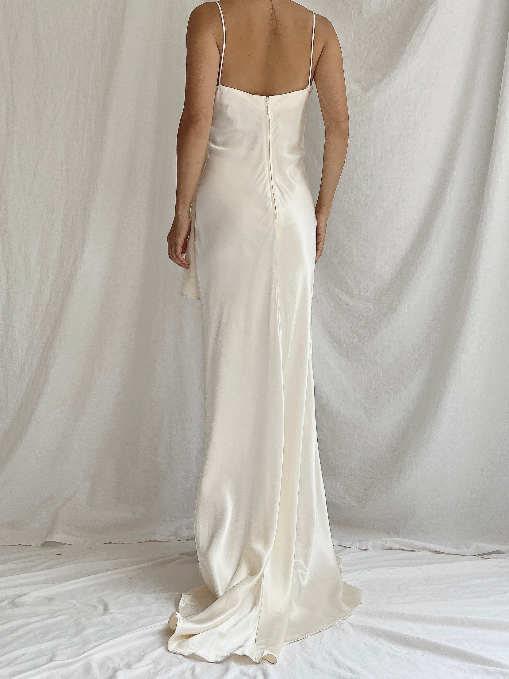 1990s Ivory Satin Draped Gown - XS