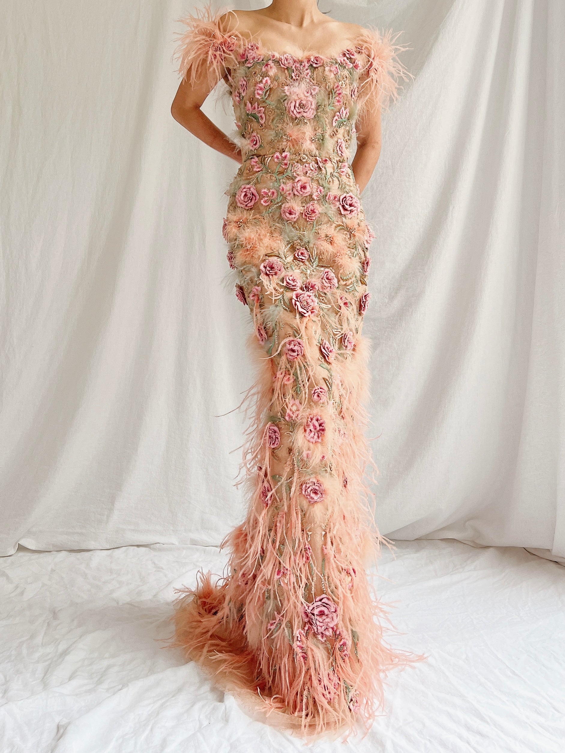 Marchesa Peach Feather 3D Embellished Gown - XS | G O S S A M E R Marchesa Peach Feather 3D Embellished Gown - XS | G O S S A M E R