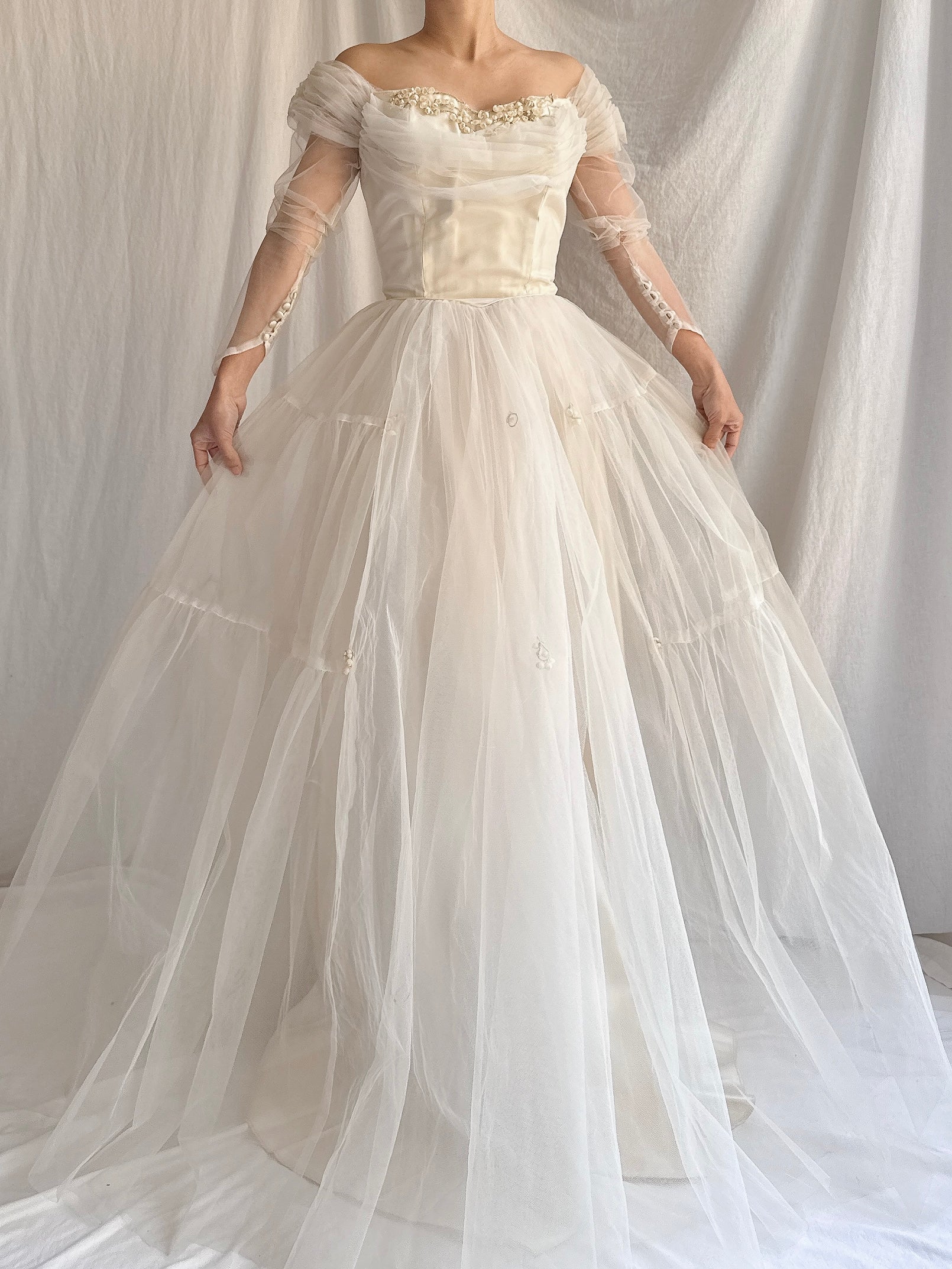 1950s Tulle Off-the-shoulder Gown - XS