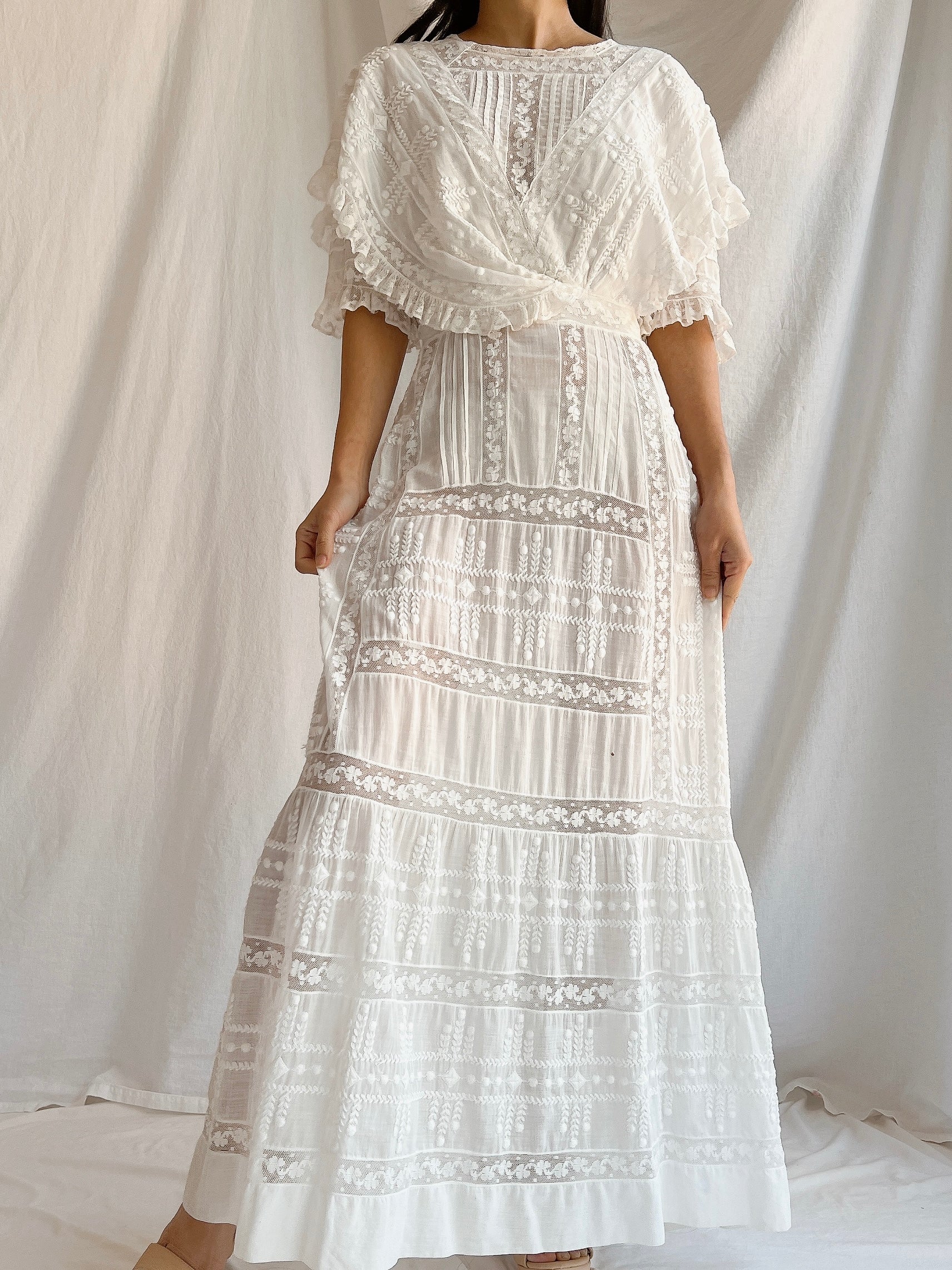 Edwardian Cotton Draped Bodice Lawn Dress - XS