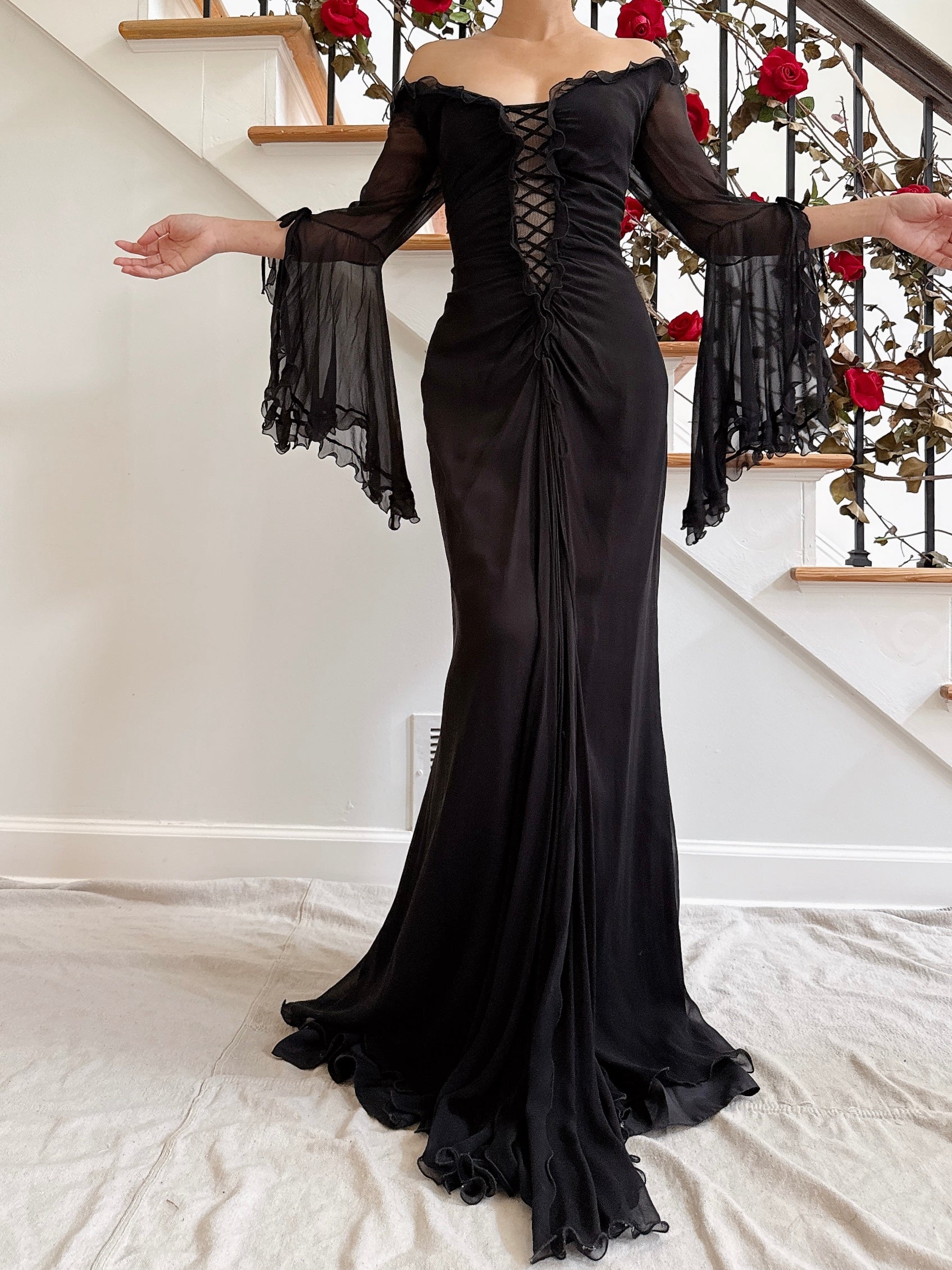 Vintage Belleville Sassoon Silk Angel Sleeve Gown - UK 16/36B/30W/42H/62L