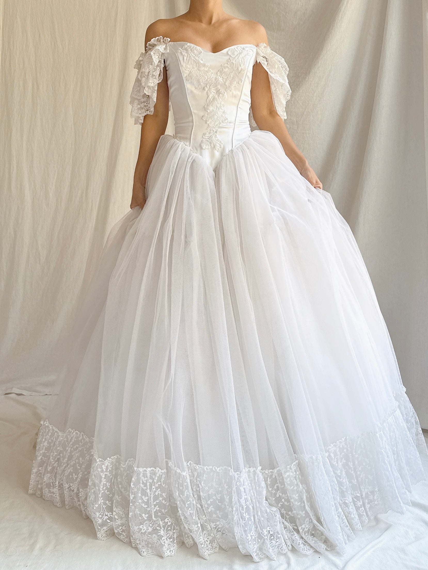 Vintage Tulle Off-the-Shoulder Gown - S