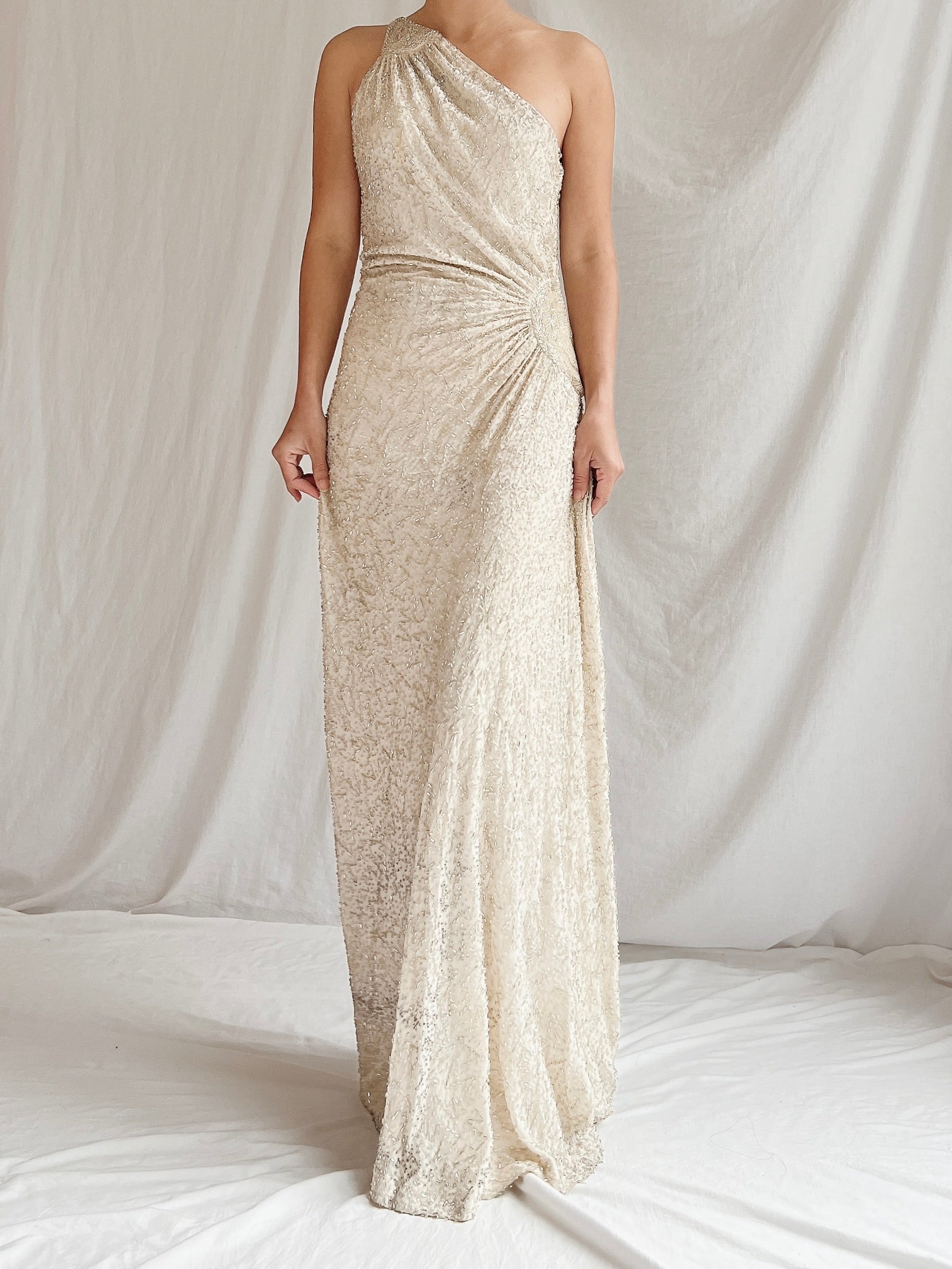 Vintage Silk One Shoulder Beaded Gown - M 6/8